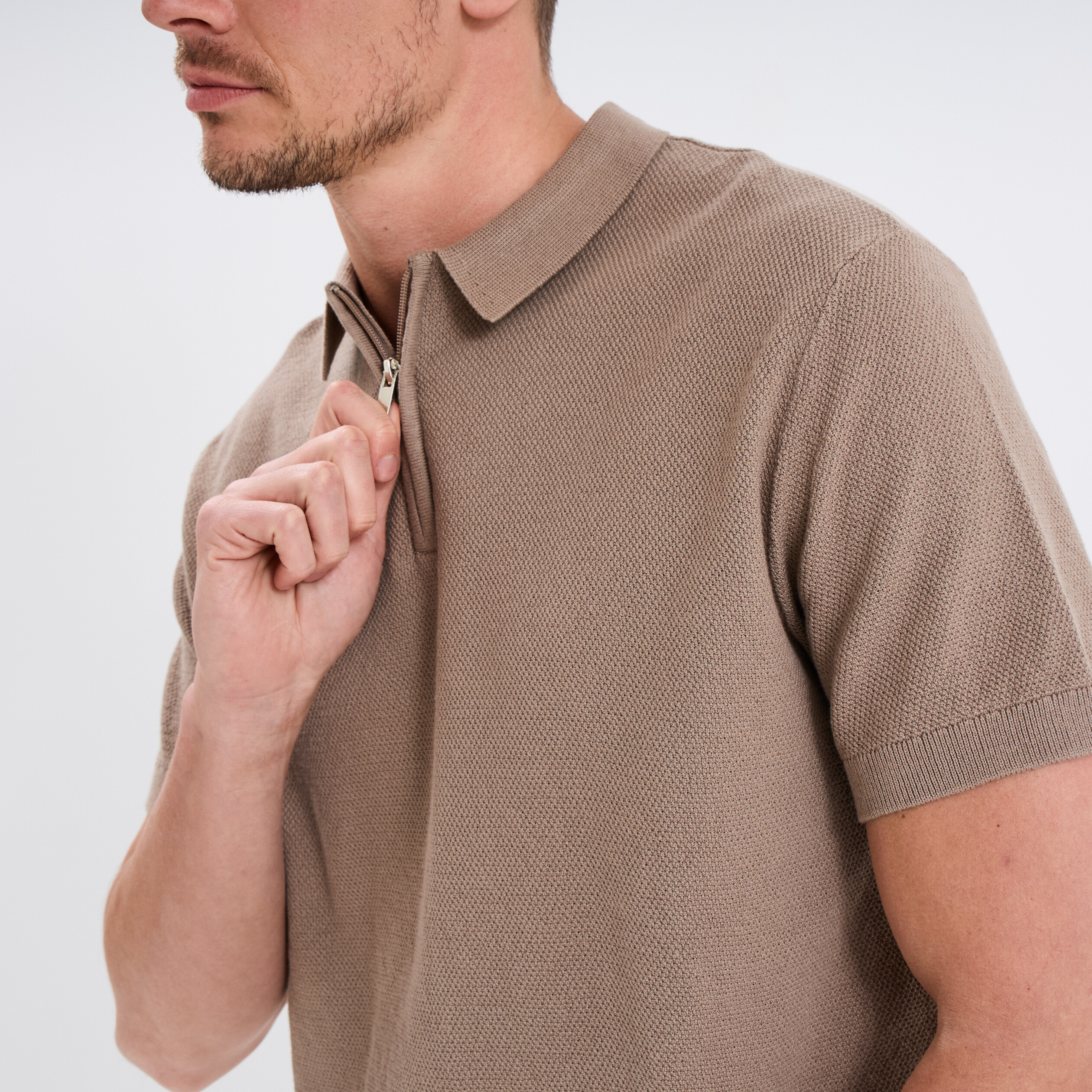 polo col zippe manches courtes coton taupe homme Polo col zippé manches courtes coton taupe homme