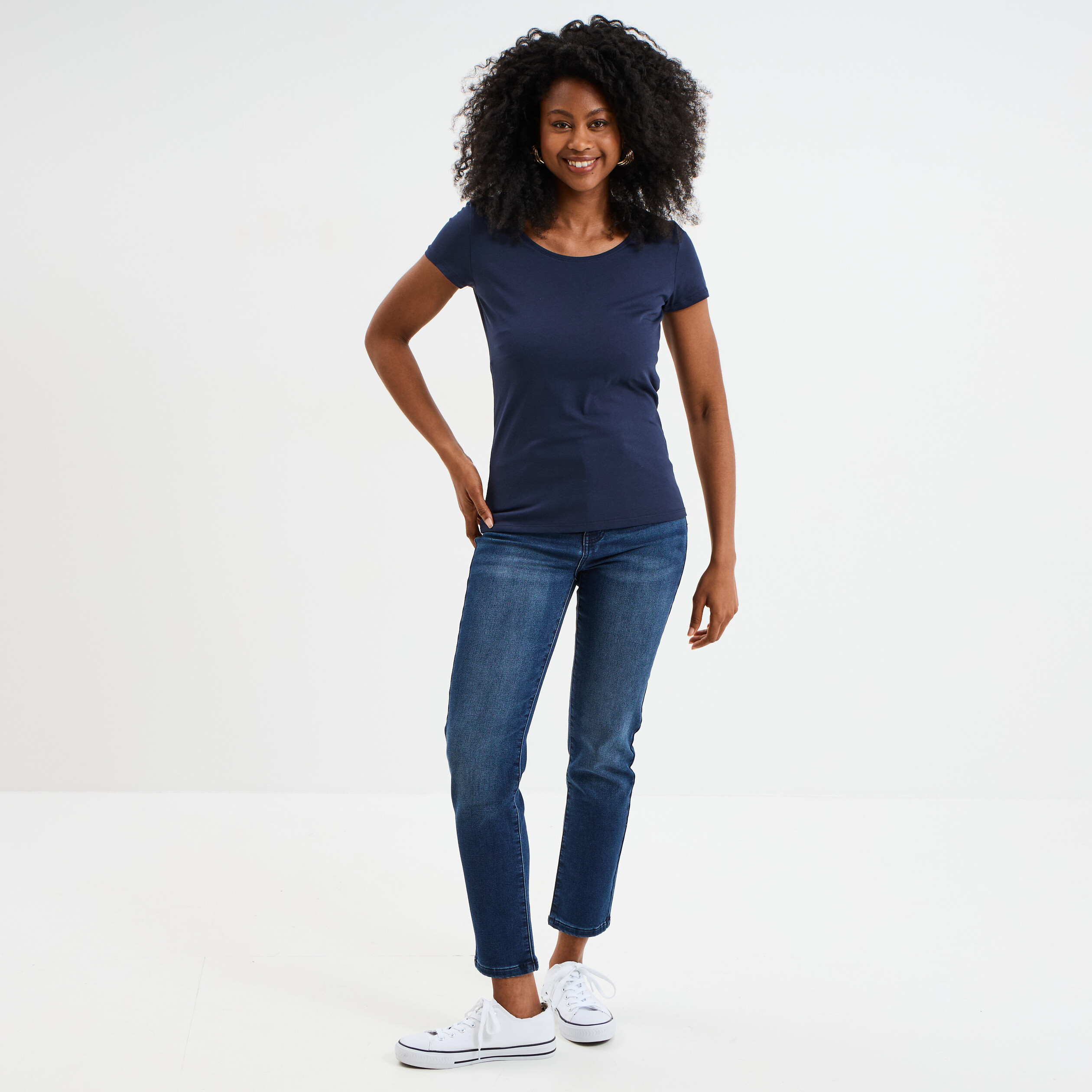 T-shirt coton col rond manches courtes bleu marine femme La Halle