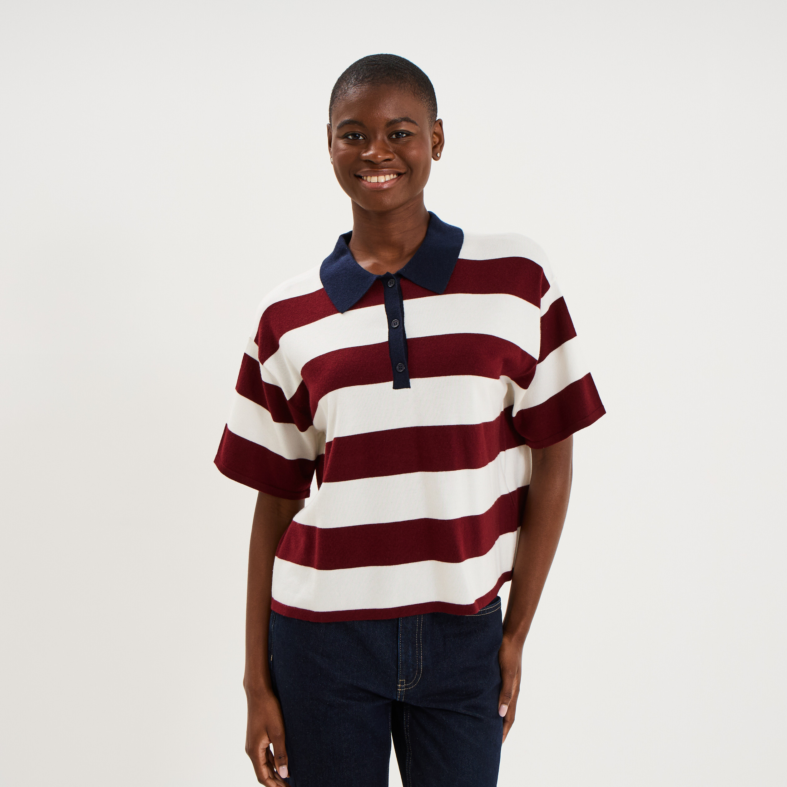 Pull col polo manches courtes ecru femme