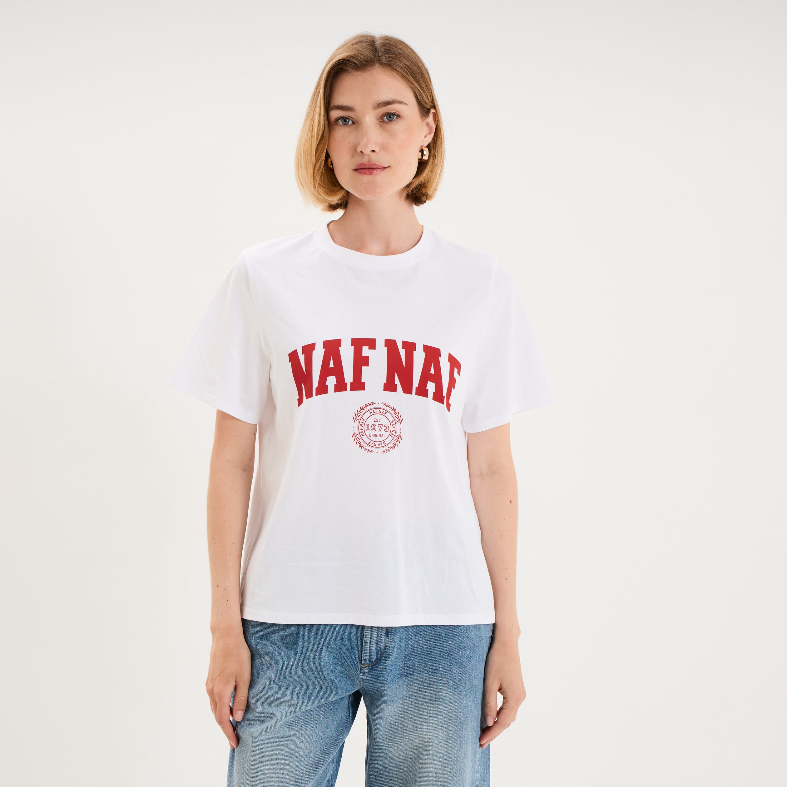 T-shirt col rond manches courtes print blanc femme