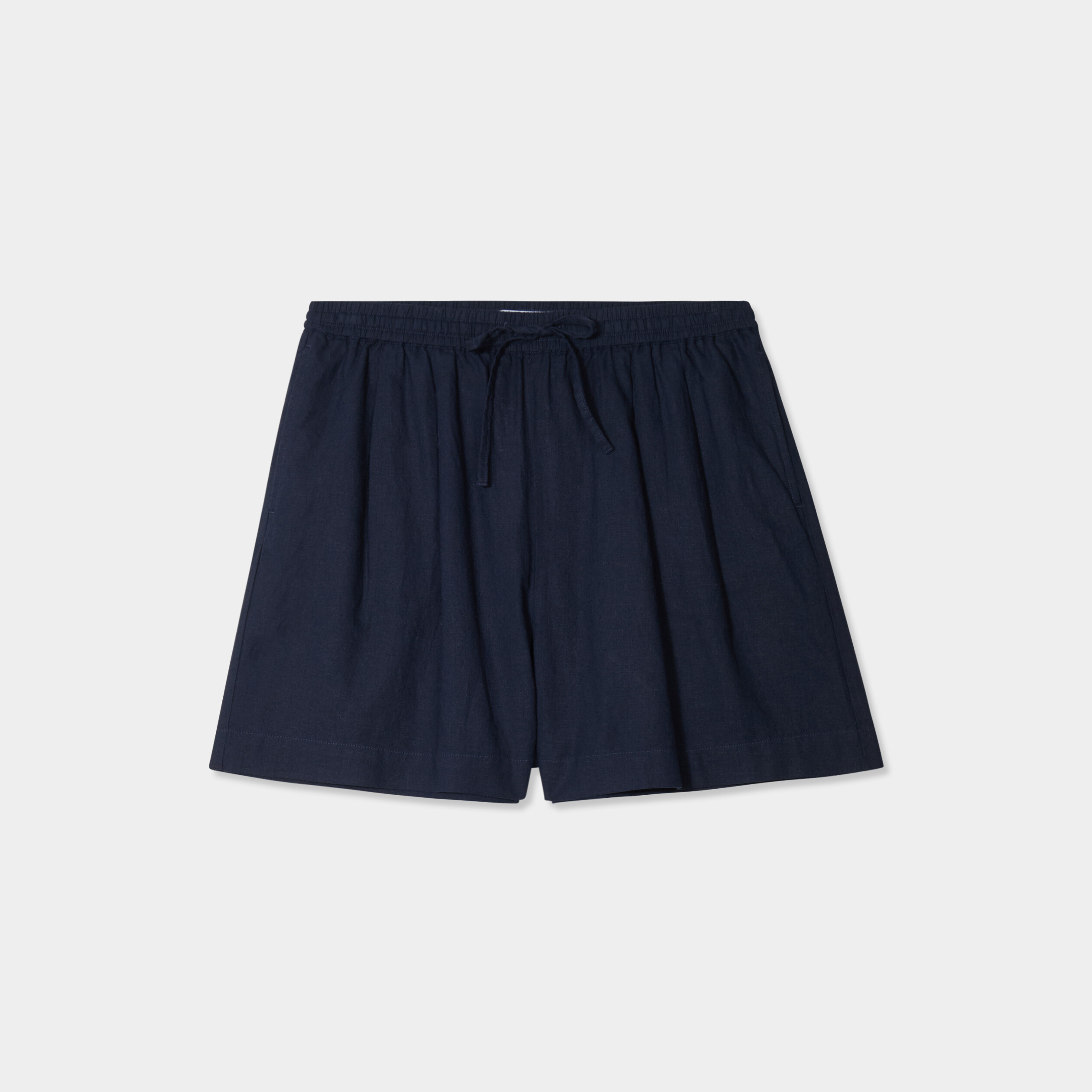 Short large lin m&eacute;lang&eacute; &agrave; coulisse bleu fonc&eacute; femme