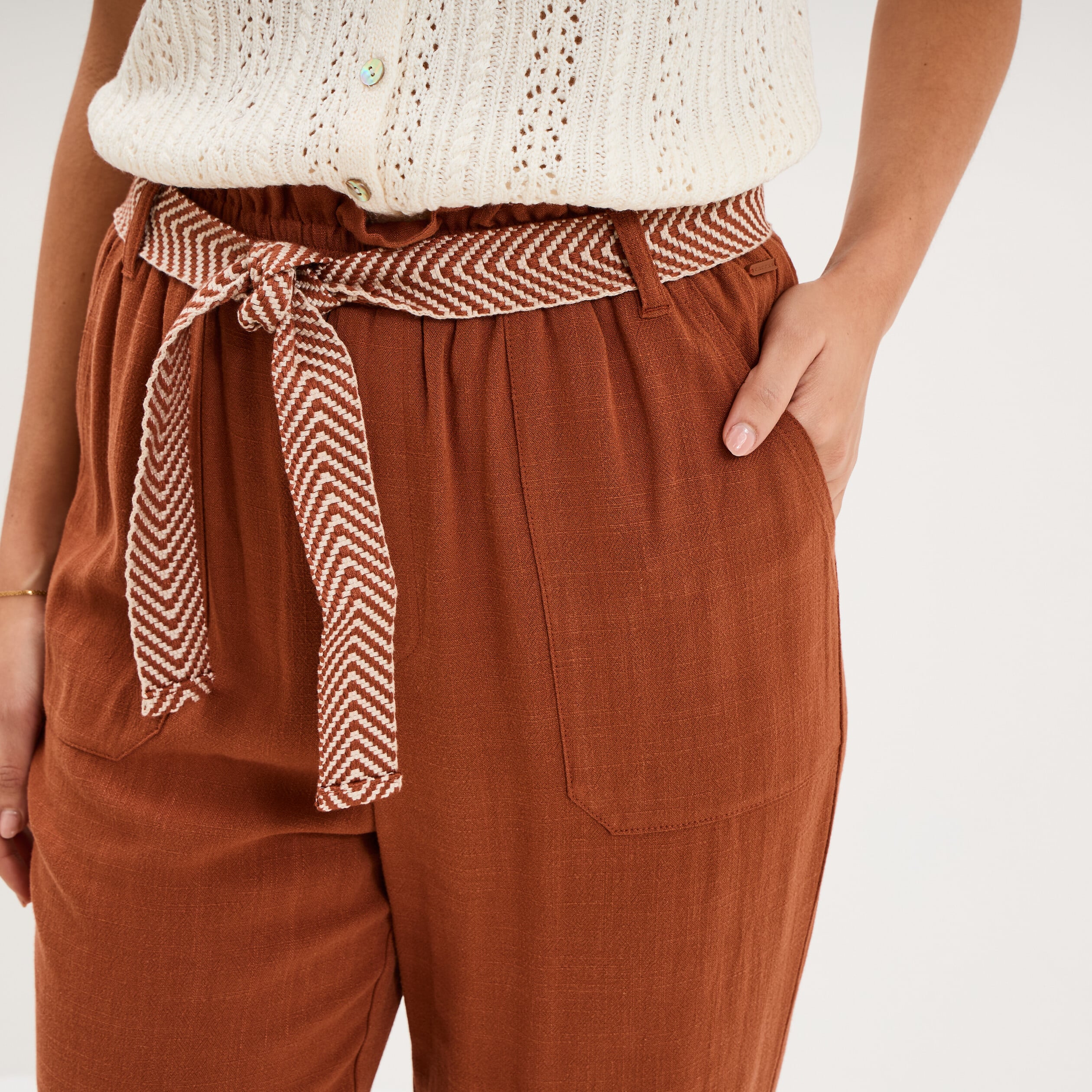 Pantalon paperbag &eacute;lastiqu&eacute; m&eacute;lange lin camel femme