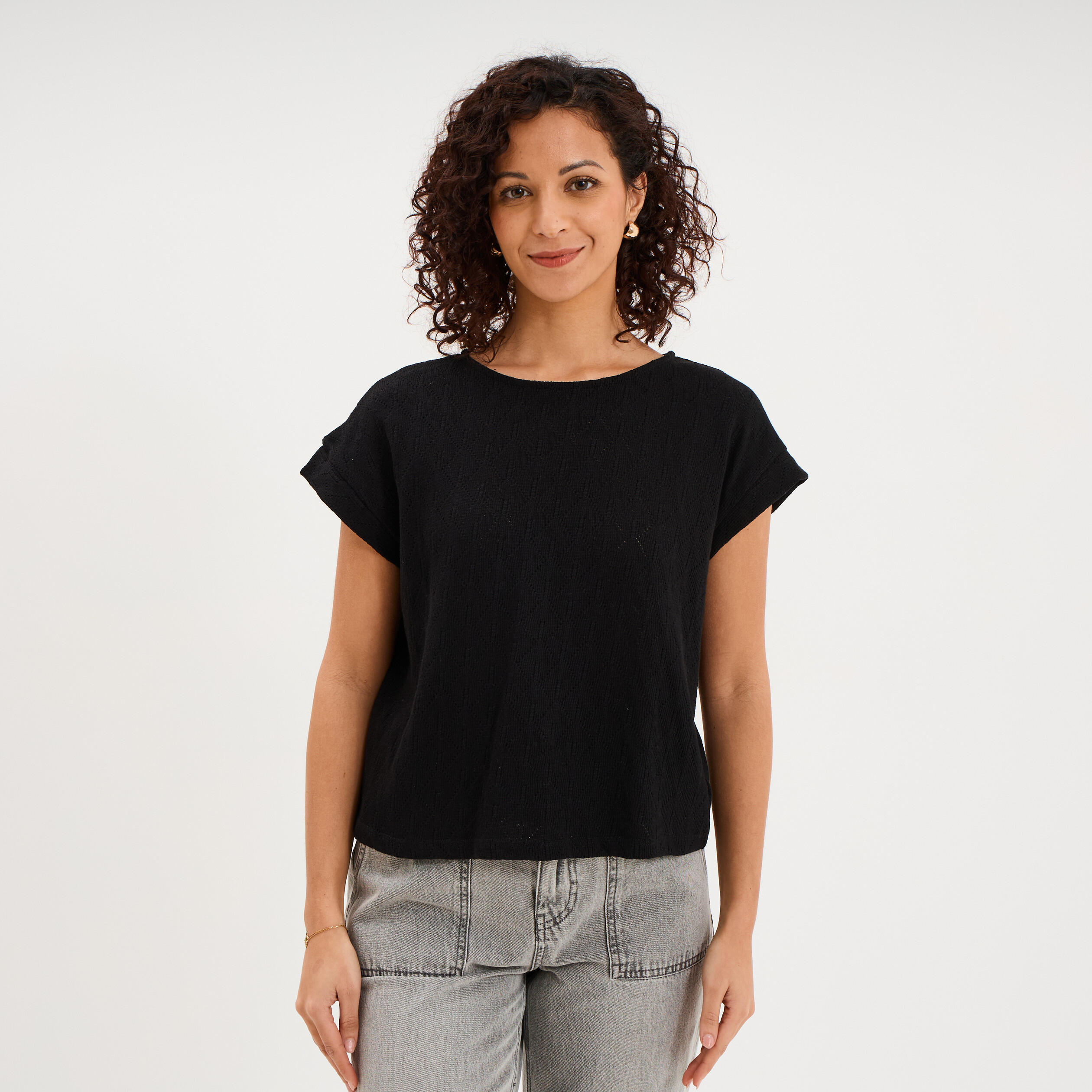 T-shirt ajour&eacute; manches courtes noir femme