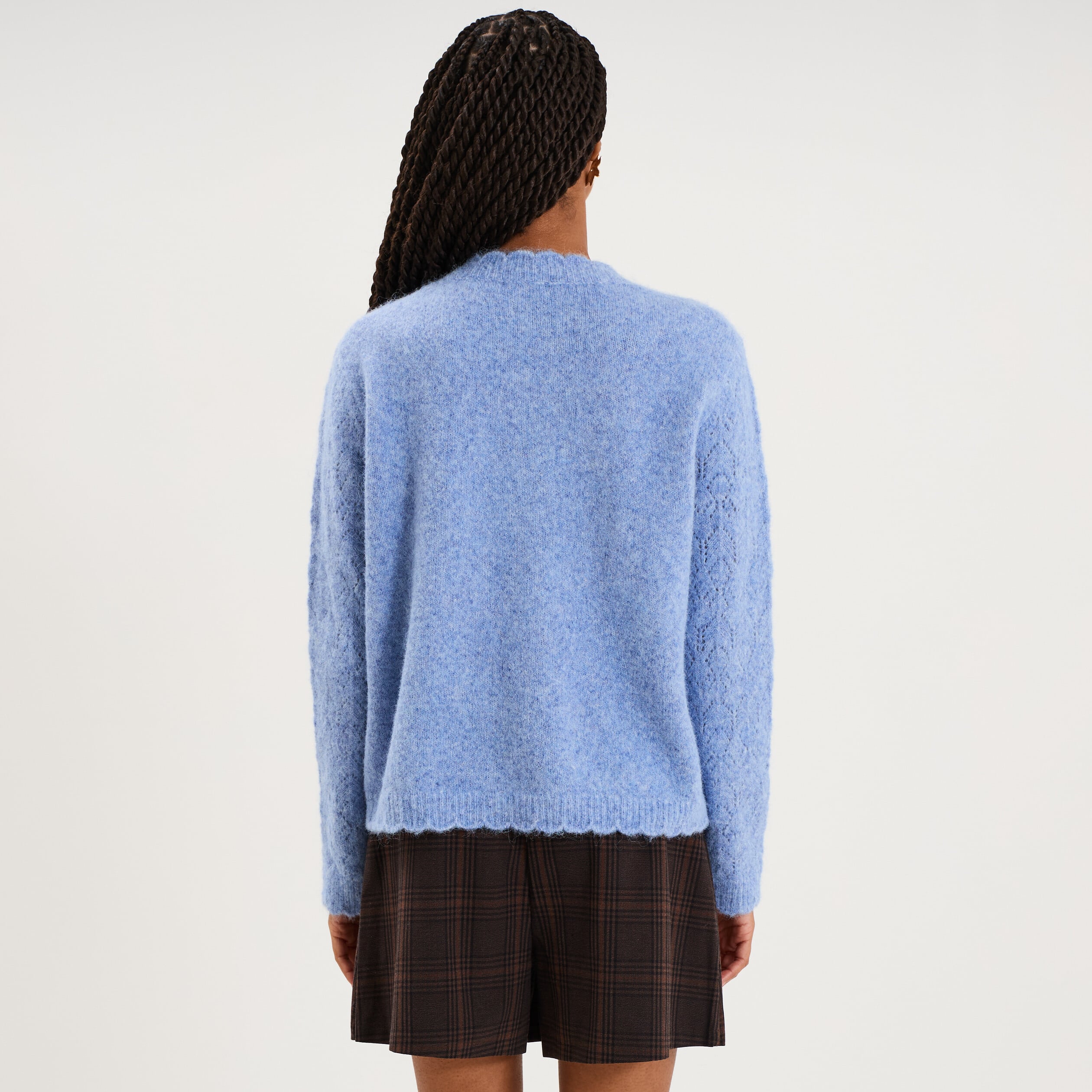 Gilet cardigan ajour&eacute; manches longues bleu ciel femme