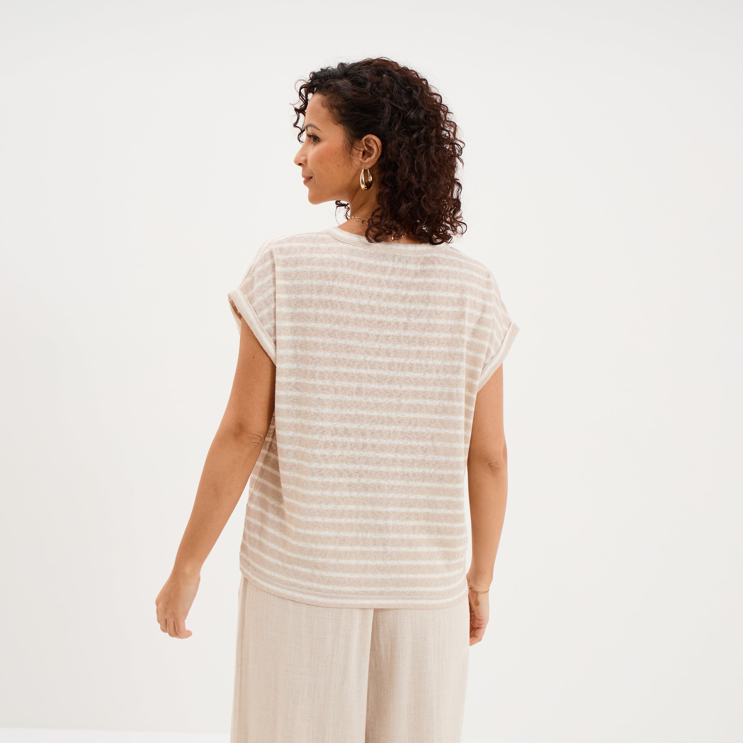 T-shirt col tunisien manches courtes beige clair femme