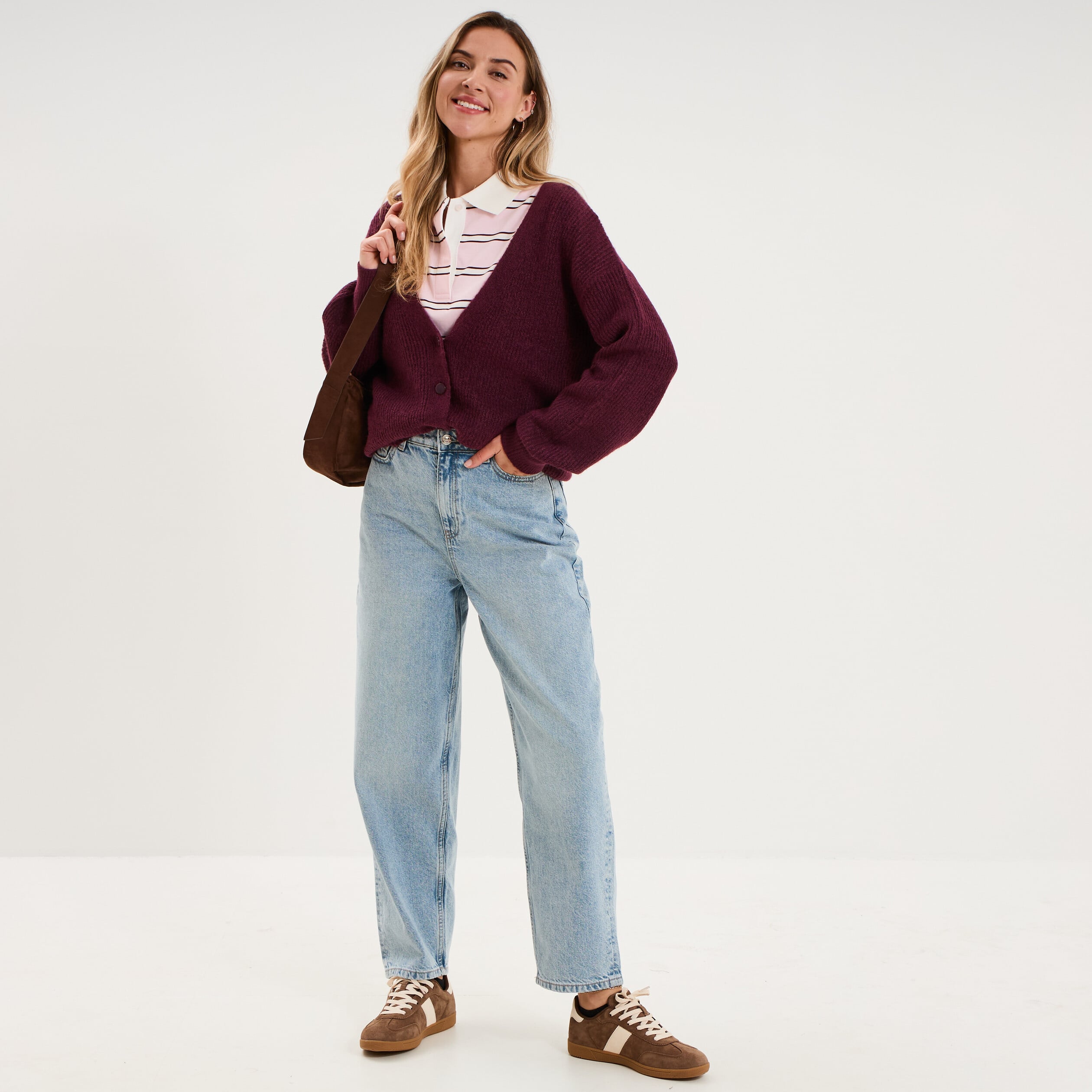 Gilet col en V manches longues ballon prune femme