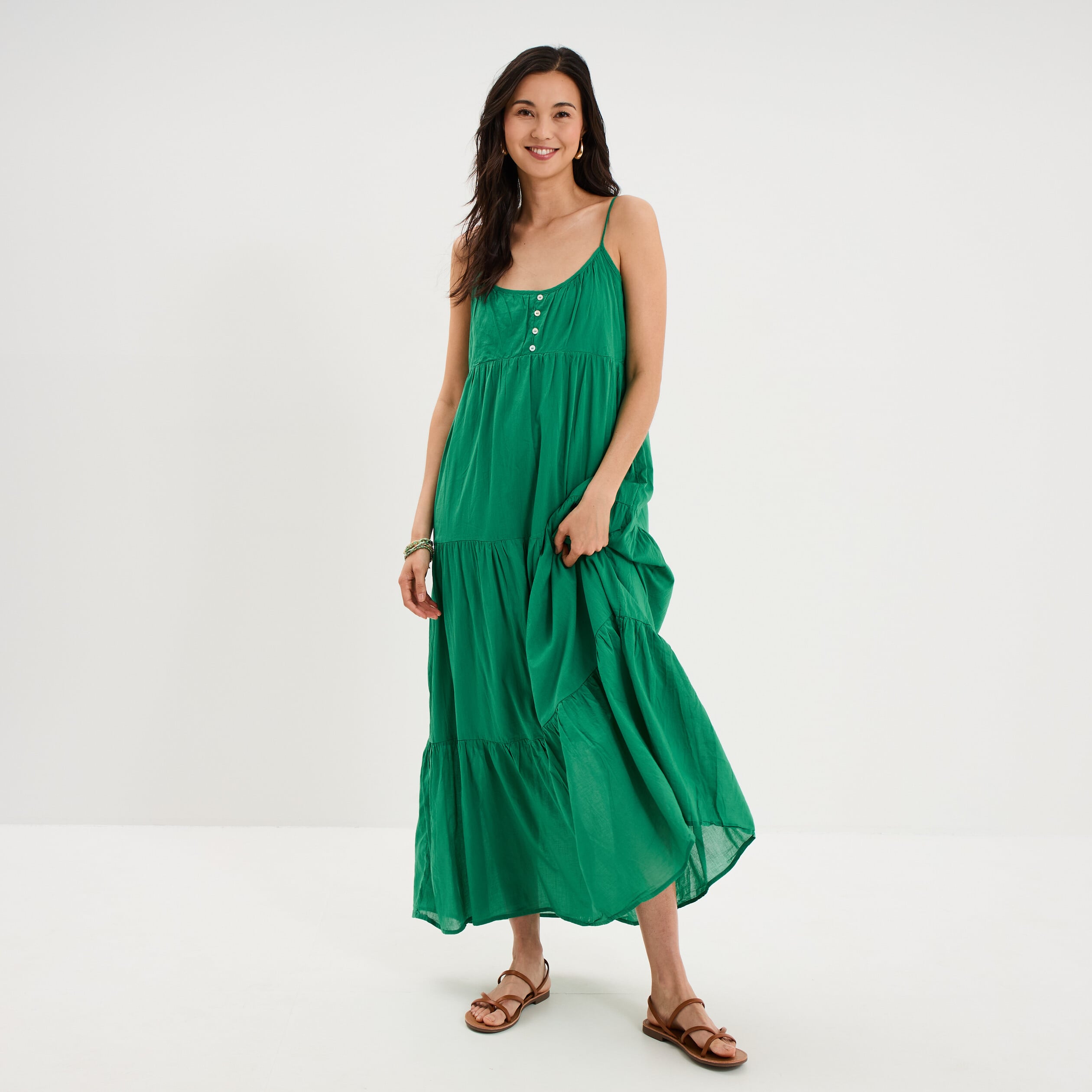 Robe longue &agrave; volants fines bretelles vert canard femme