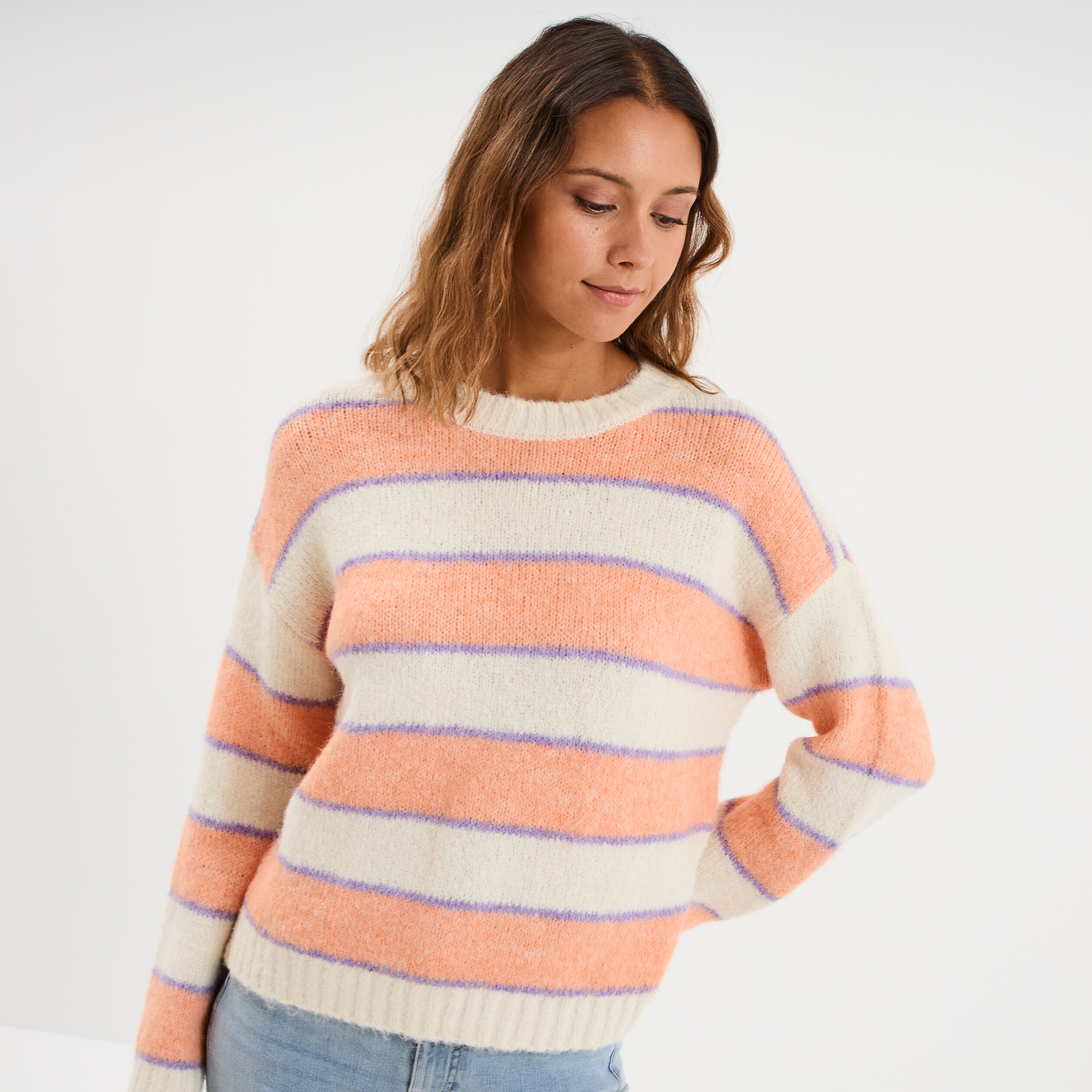 Pull col rond manches longues ecru femme