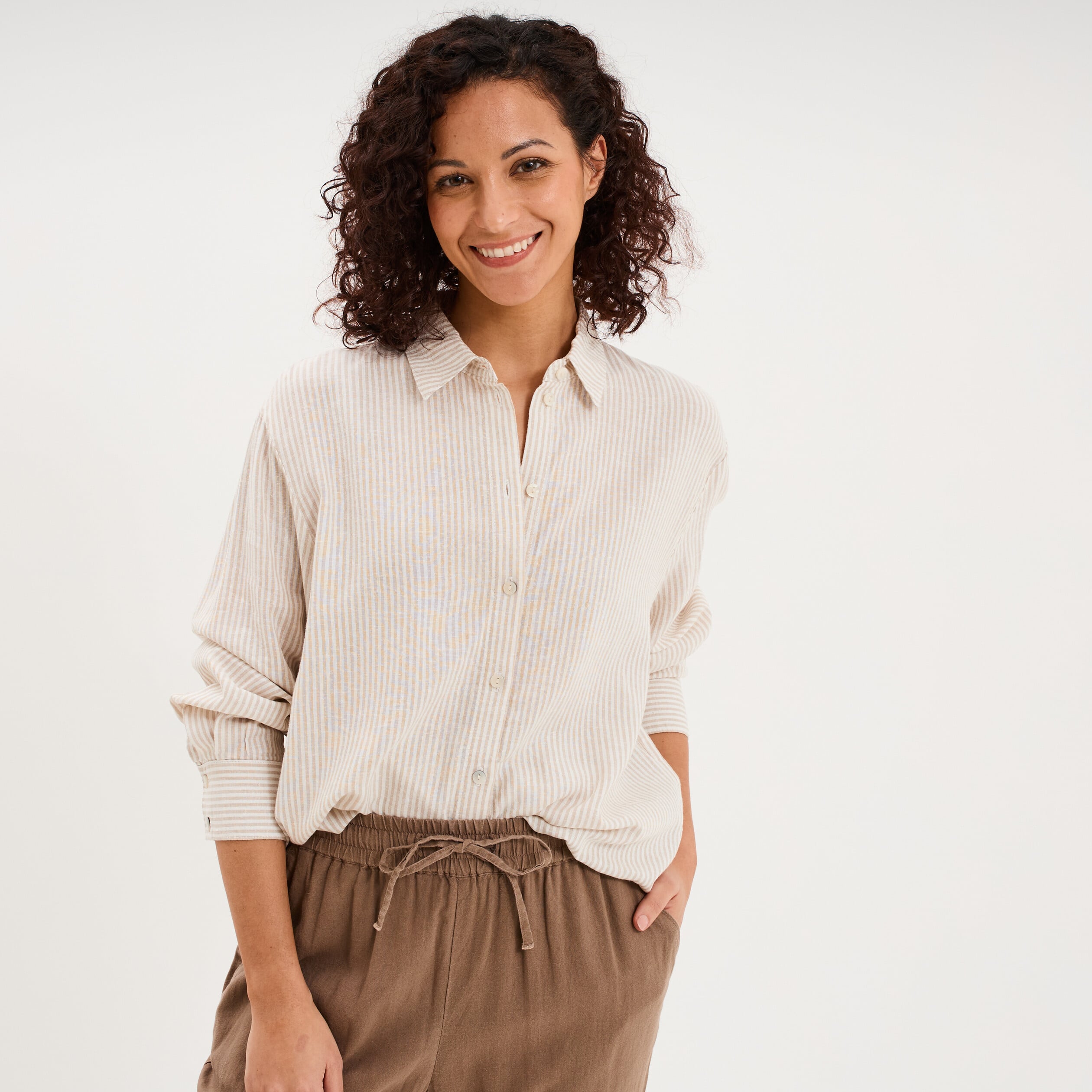 Chemise oversize lin m&eacute;lang&eacute; beige femme