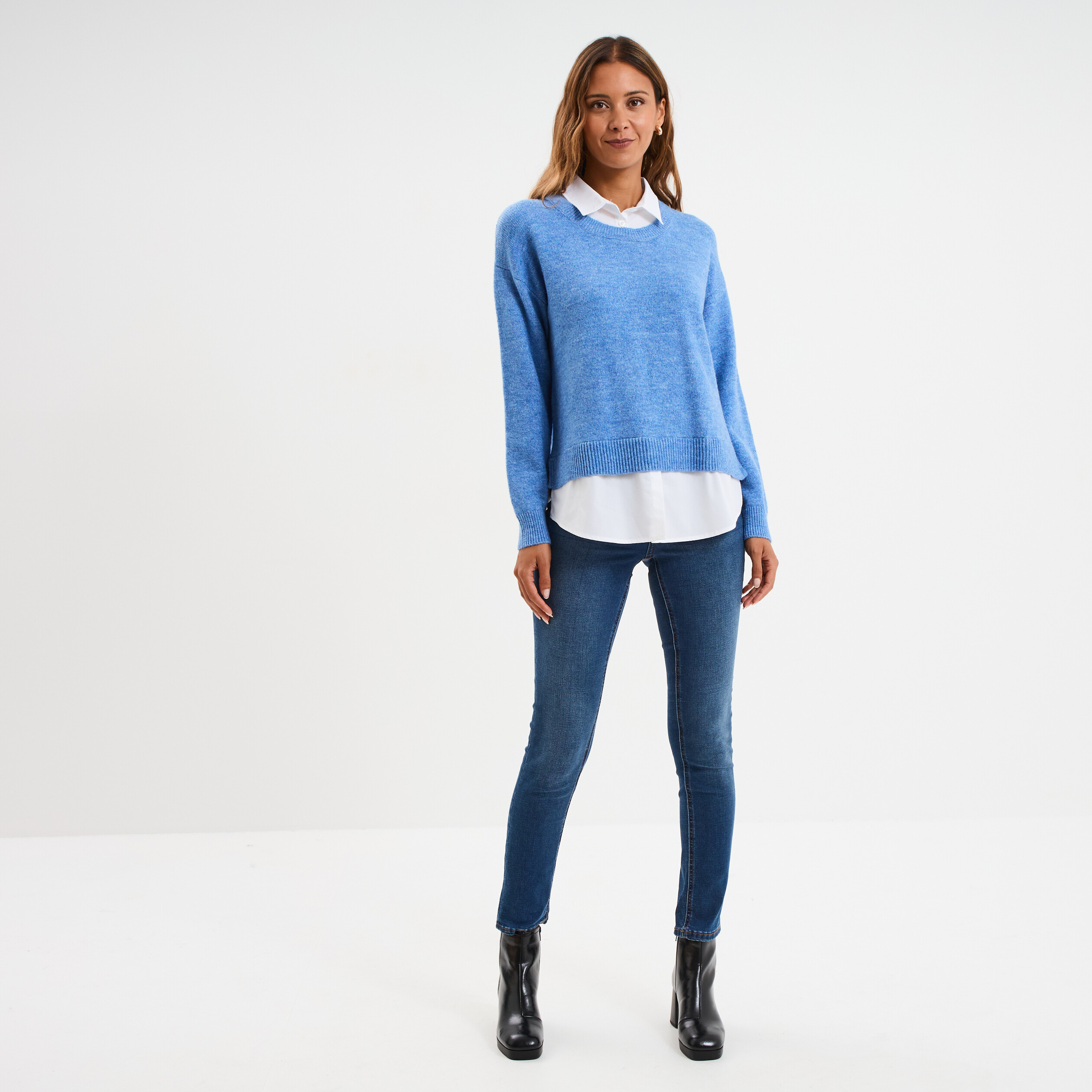 Pull effet 2-en-1 chemise bleu clair femme