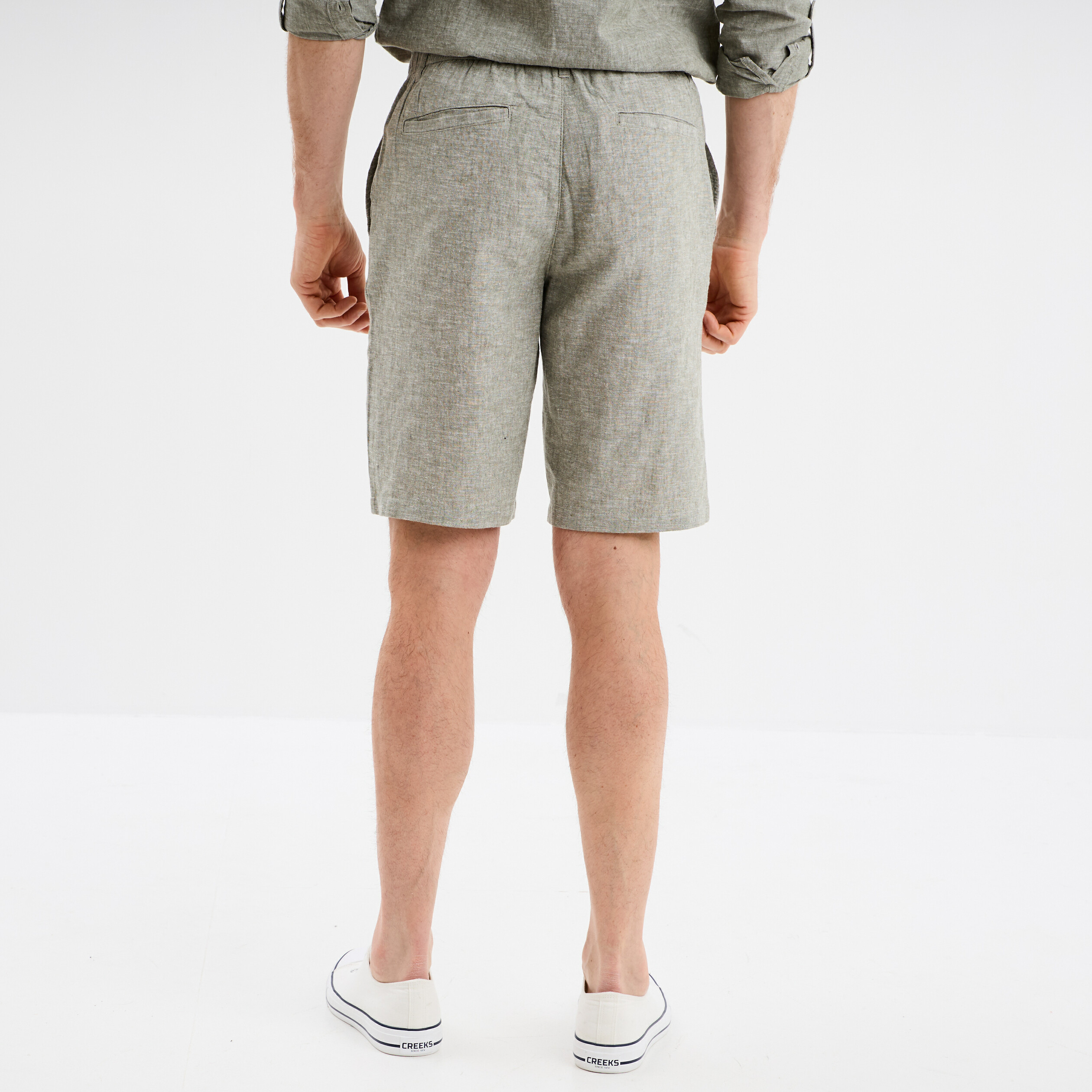 Bermuda chino &agrave; coulisse lin m&eacute;lang&eacute; vert kaki homme
