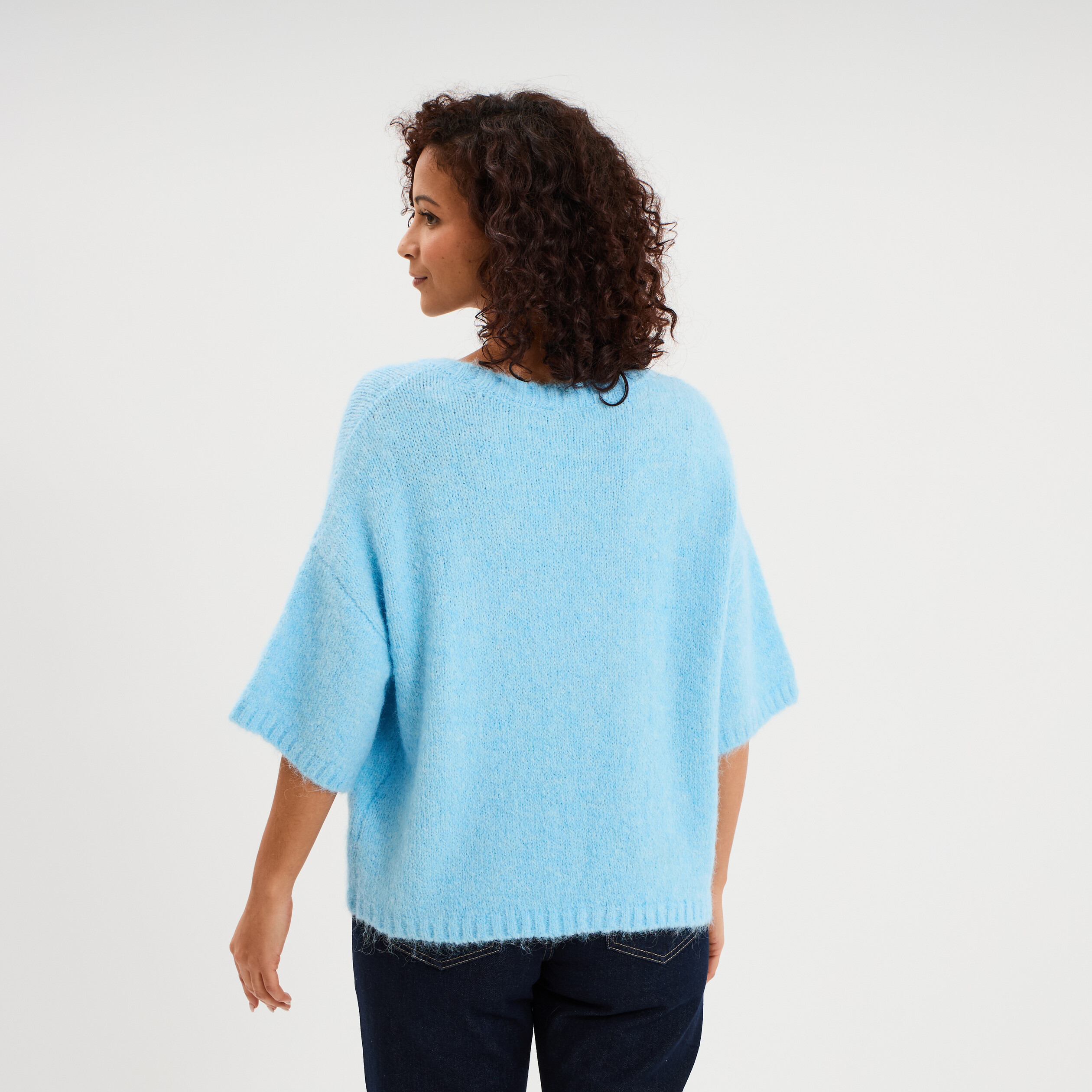 Pull col rond manches courtes bleu clair femme