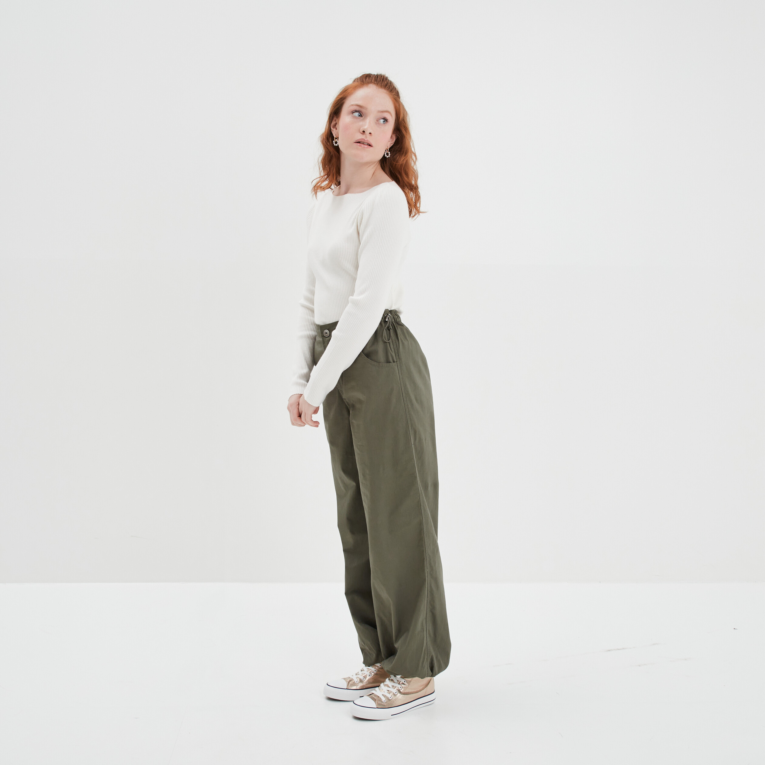 INEXTENSO Pantalon détente vert kaki femme pas cher 