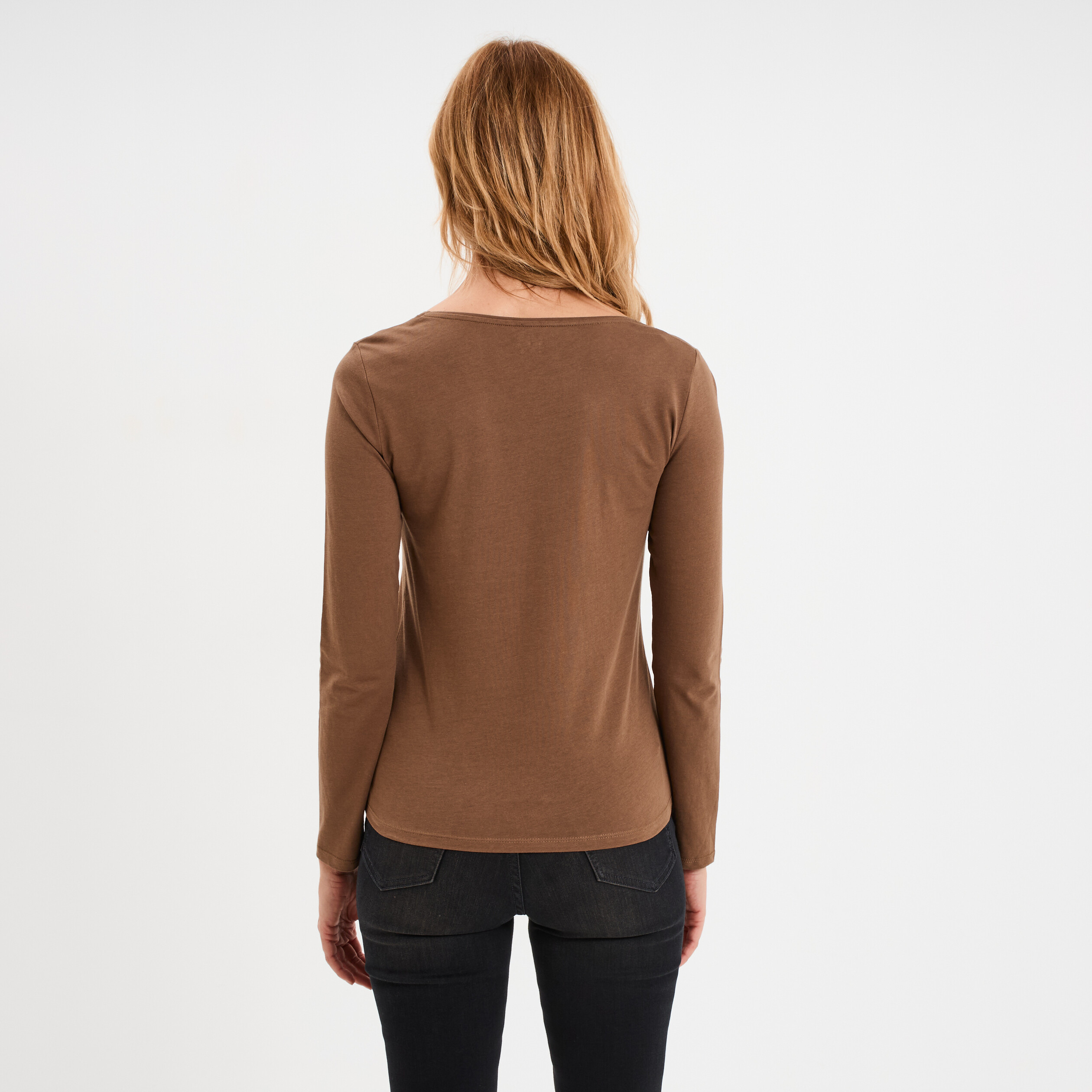 t shirt coton col rond manches longues taupe femme T-shirt coton col rond manches longues taupe femme