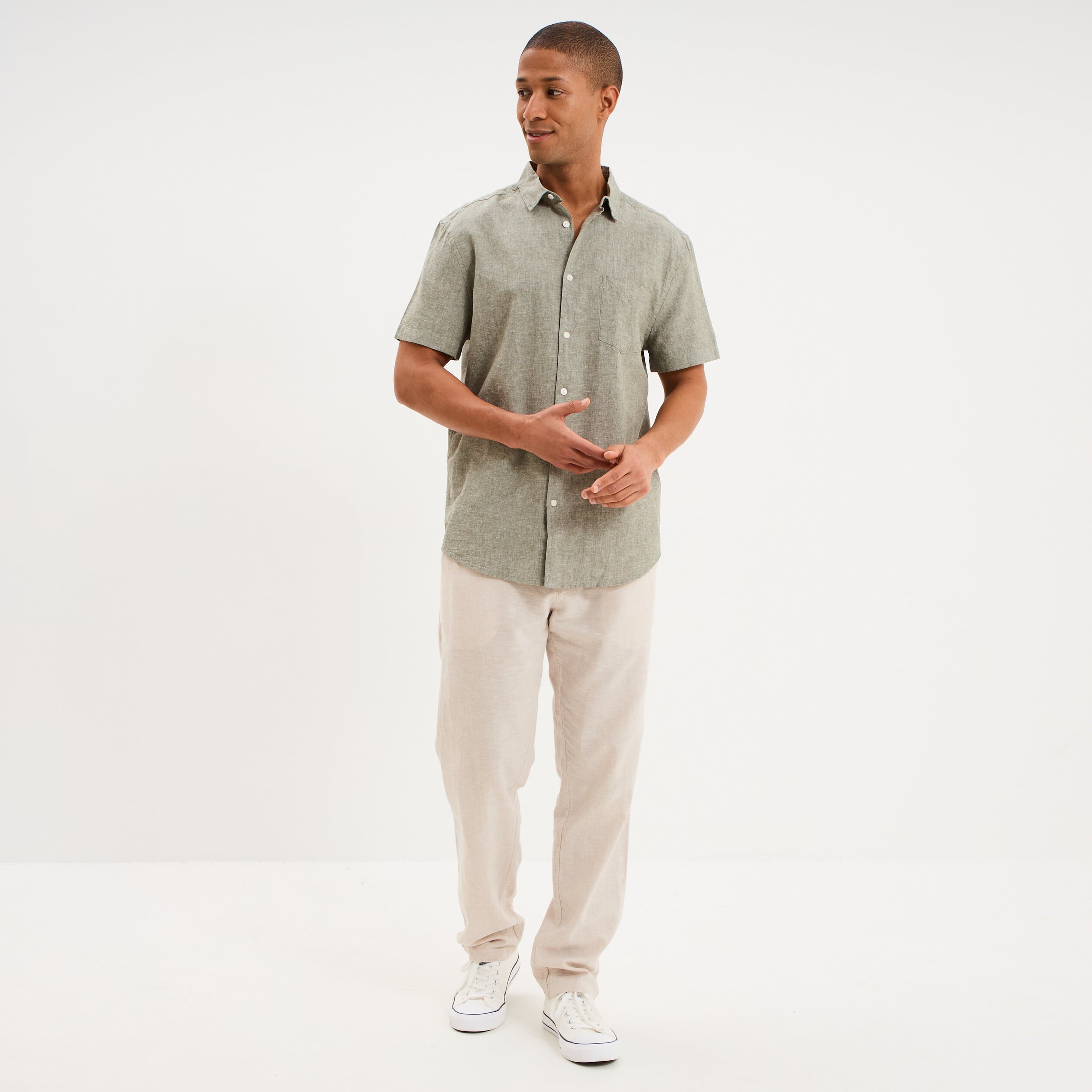Chemise manches courtes lin m&eacute;lang&eacute; vert kaki homme