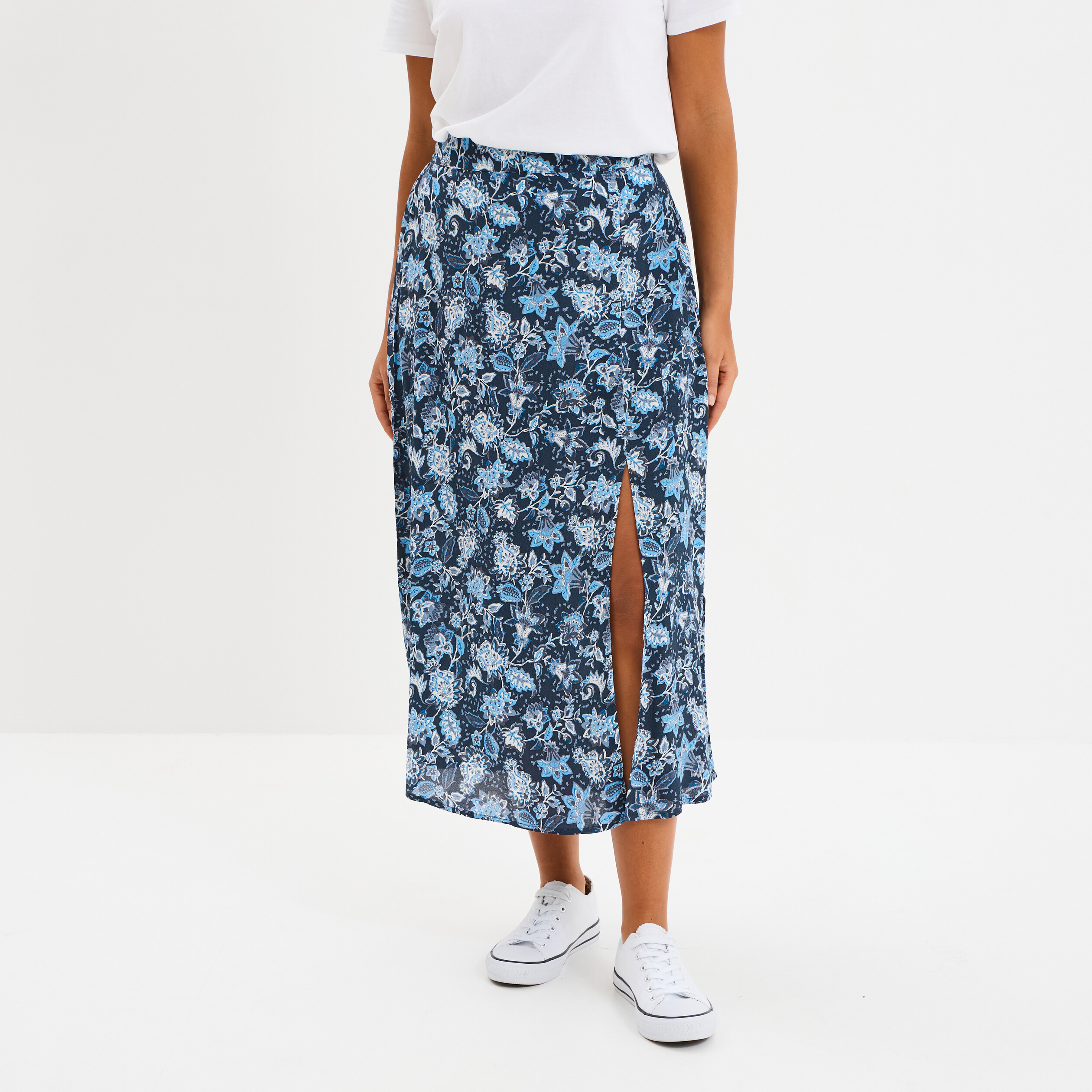 Jupe longue fendue fluide bleu marine femme