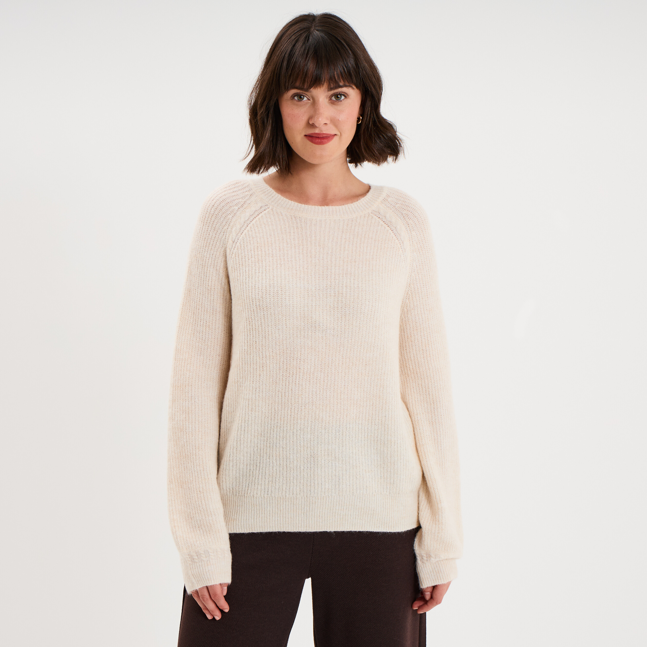 Pull col rond manches longues blanc femme