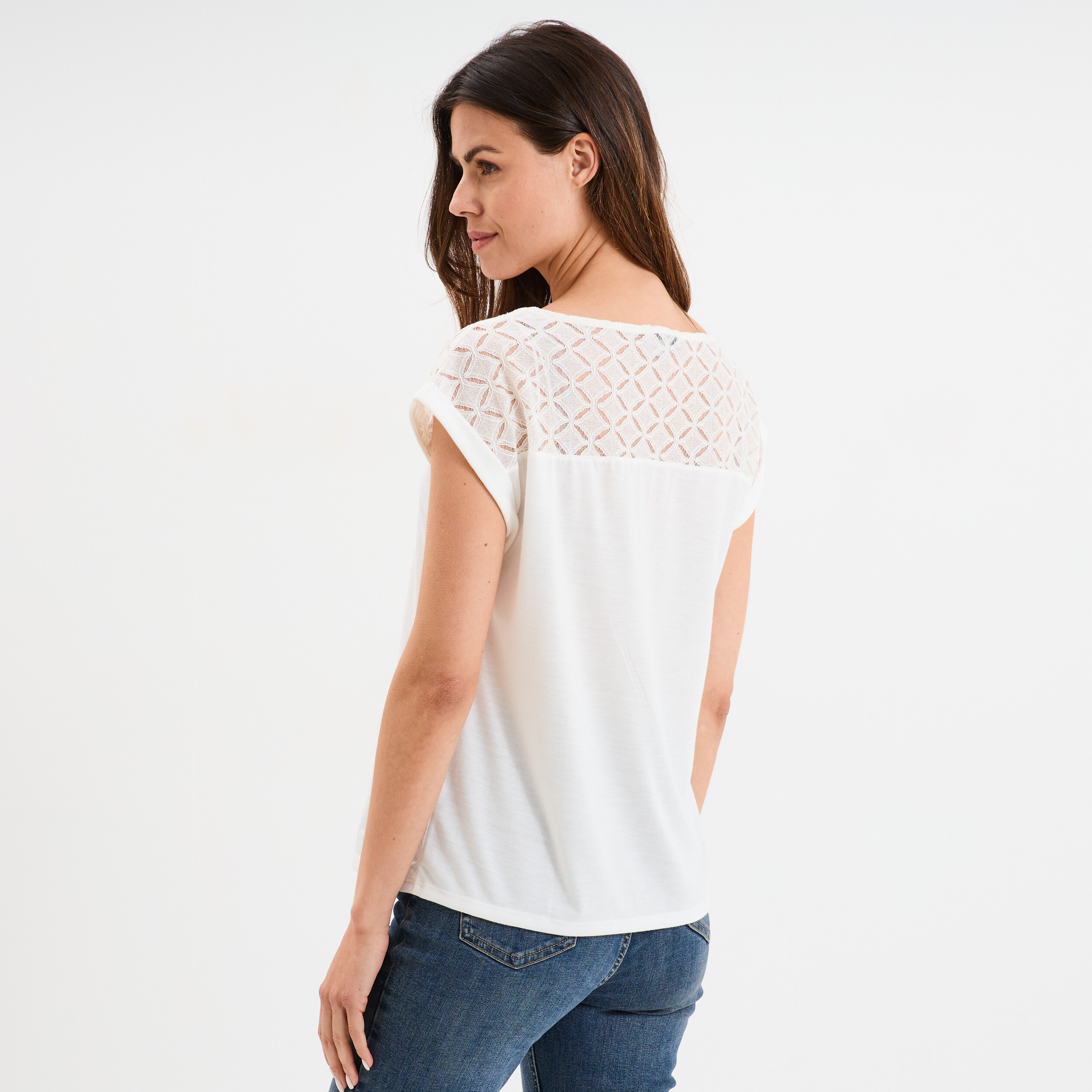 T shirt col en V dentelle epaules et dos blanc femme