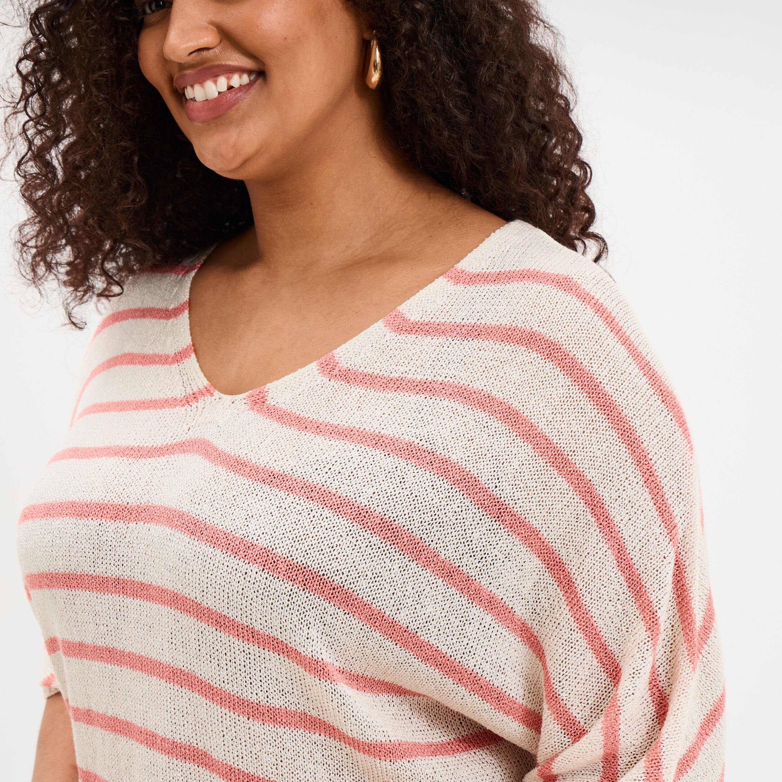 Pull manches 3/4 col en V blanc femme grande taille