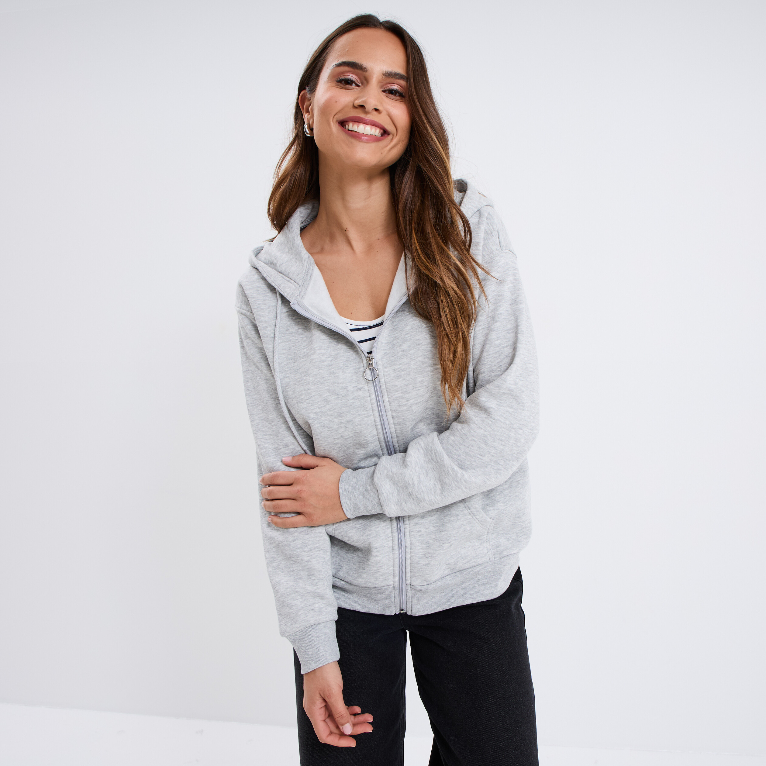 Sweat zippé à capuche gris clair femme