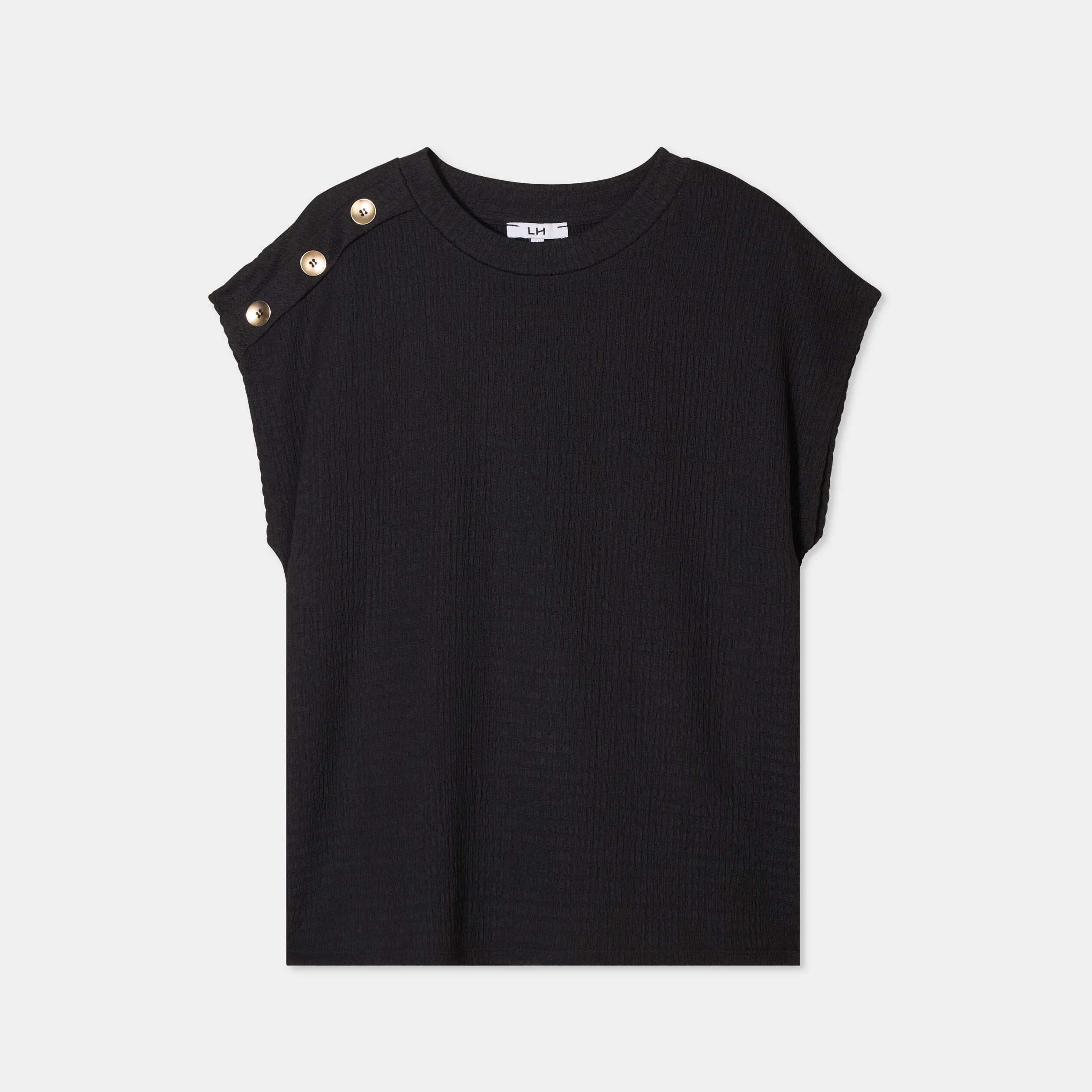 T-shirt gaufr&eacute; col rond avec boutons noir femme