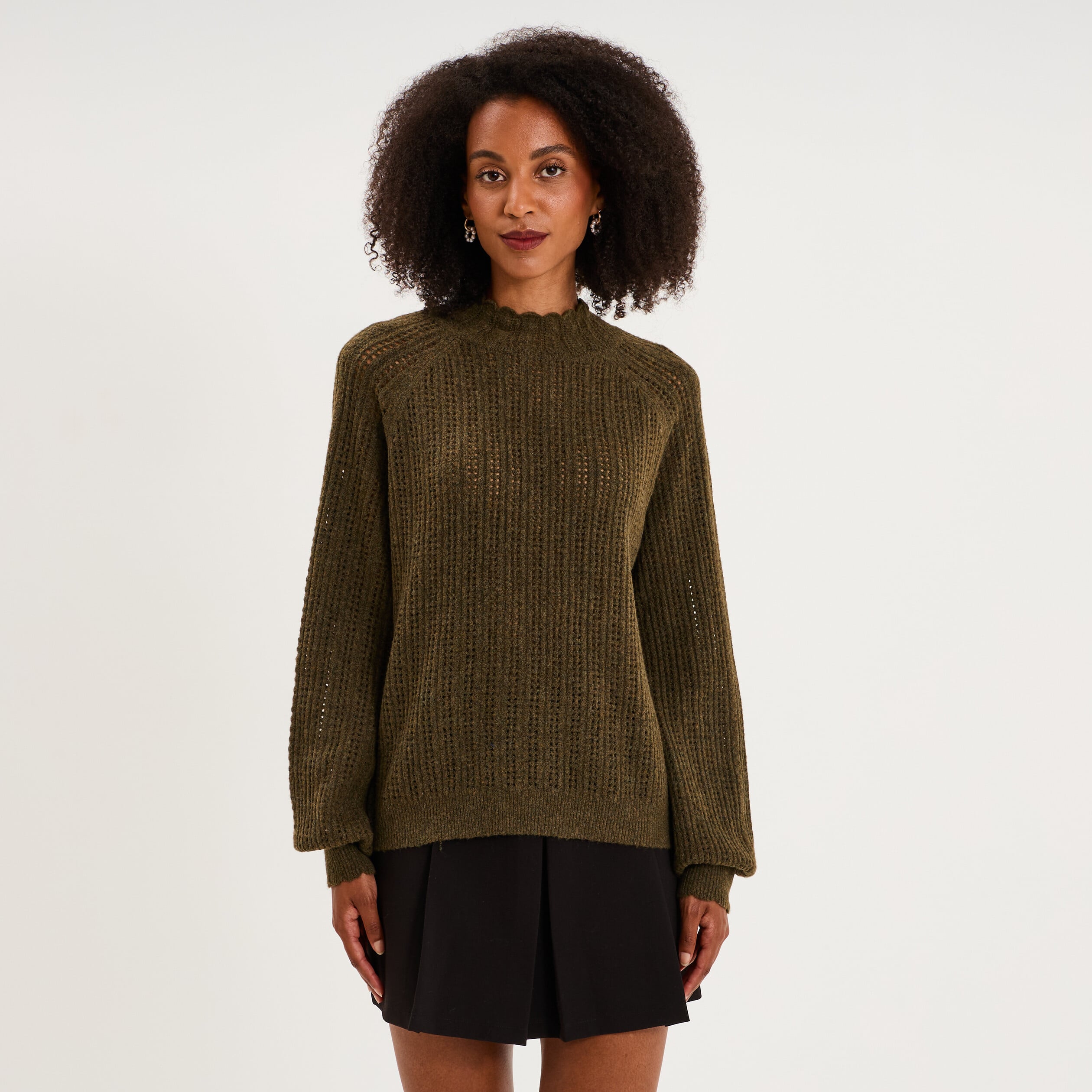Pull col montant textur&eacute; manches longues vert kaki femme