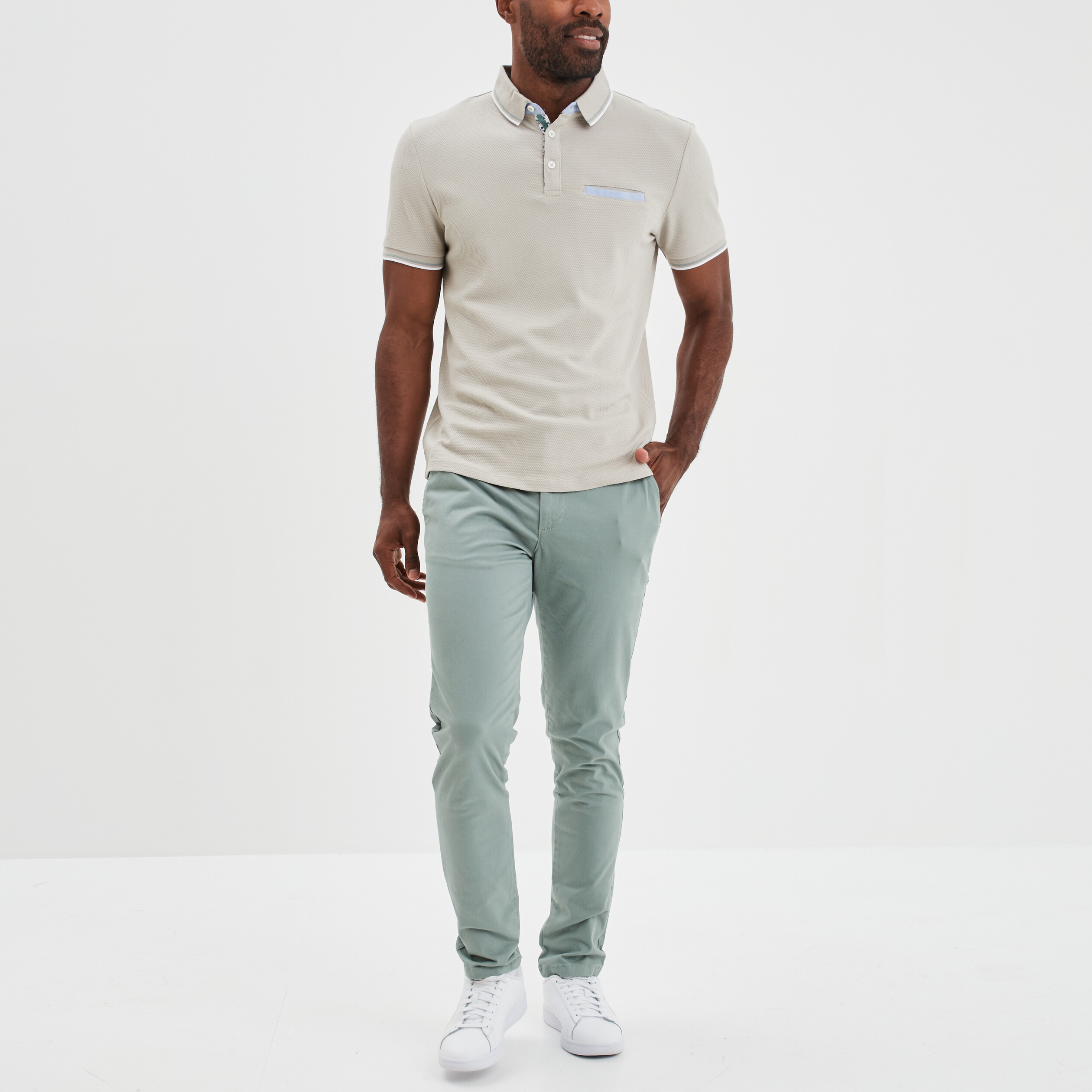 Polo piqu&eacute; manches courtes coton gris clair homme