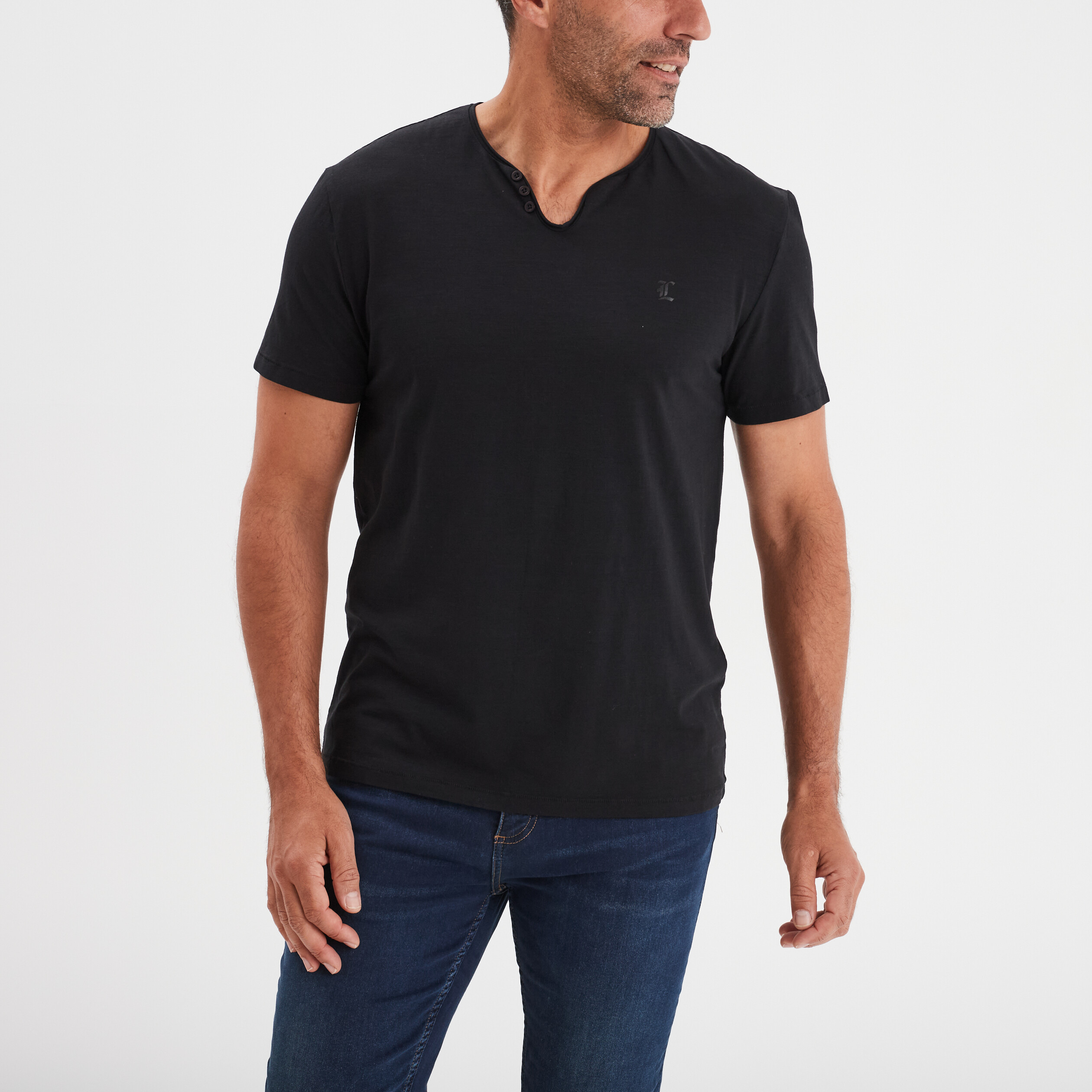 t shirt col tunisien coton noir homme T-shirt col tunisien coton noir homme