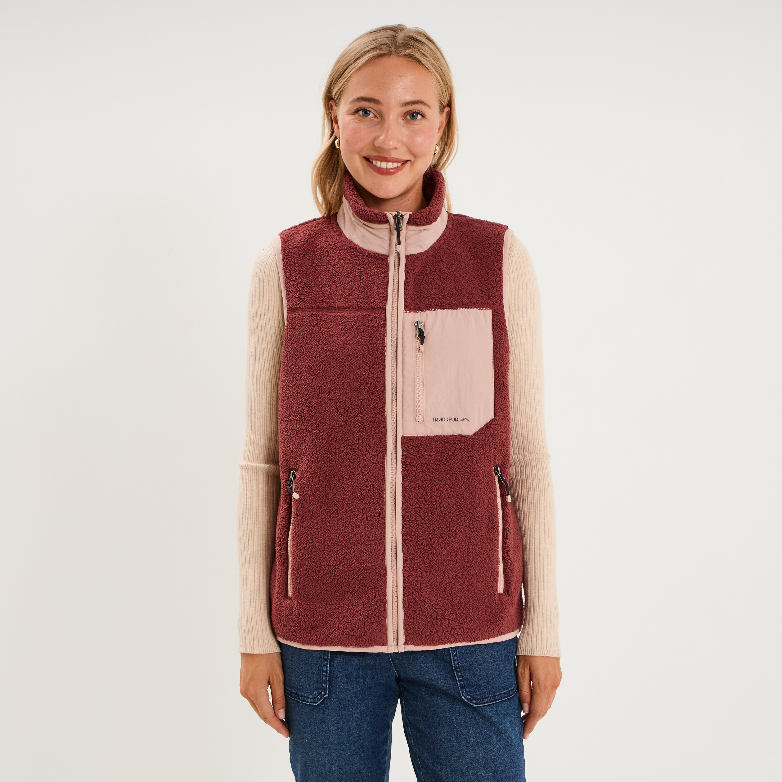 Gilet polaire col montant sans manches vieux rose femme