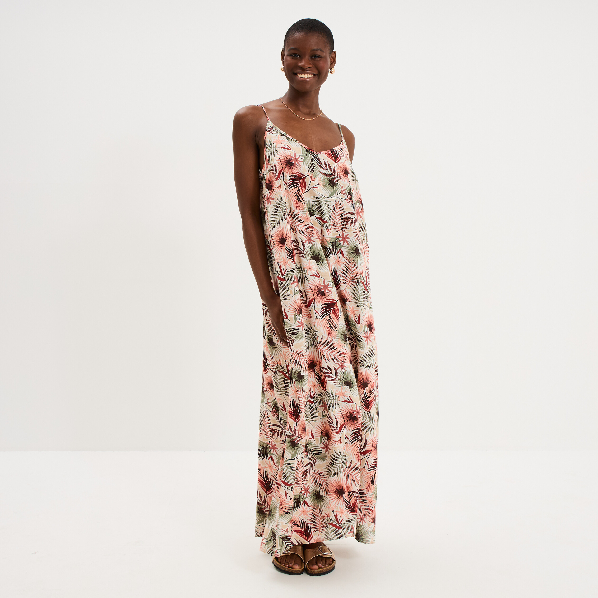 Robe longue droite fluide &agrave; bretelles vert kaki femme