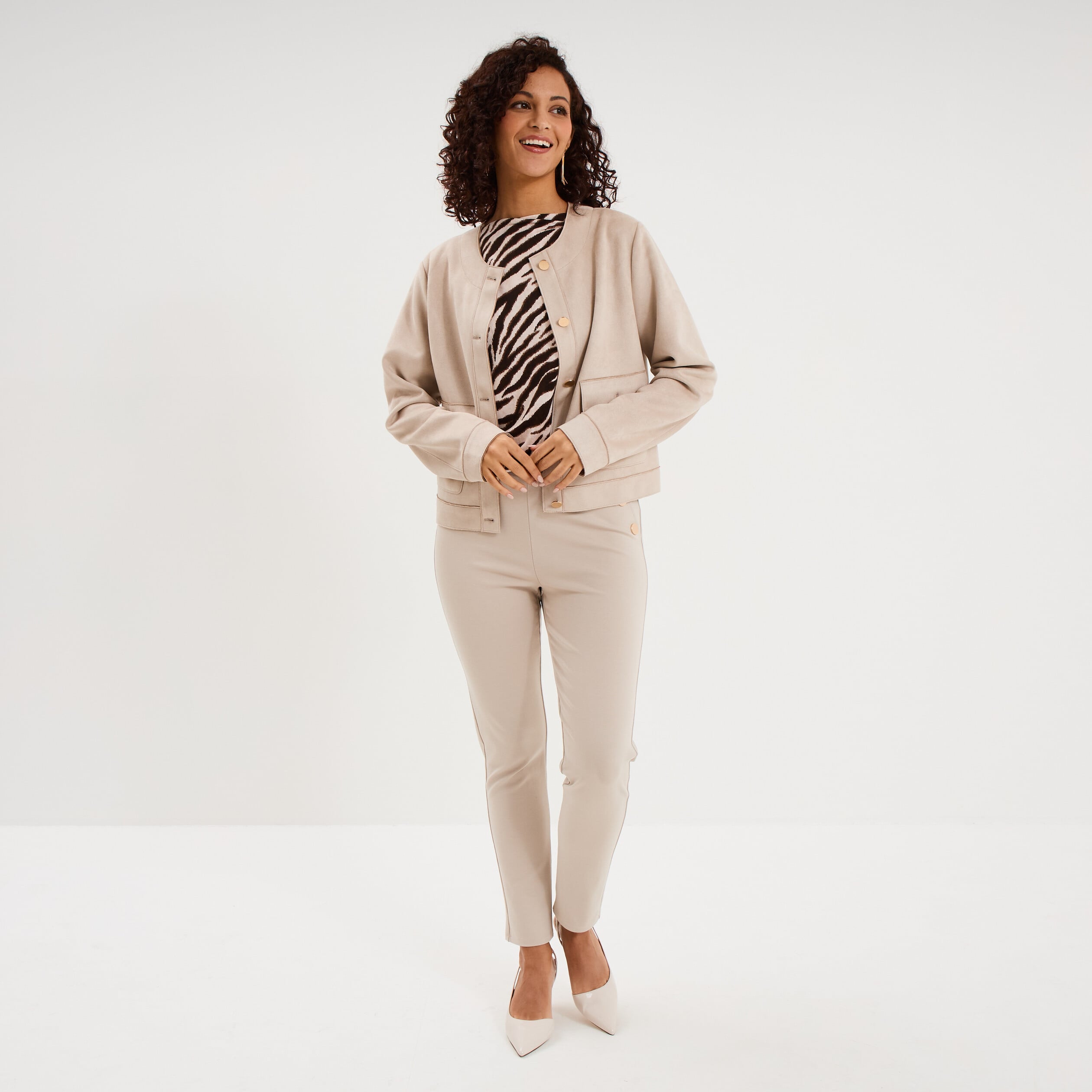 Veste boutonn&eacute;e effet su&eacute;dine beige femme