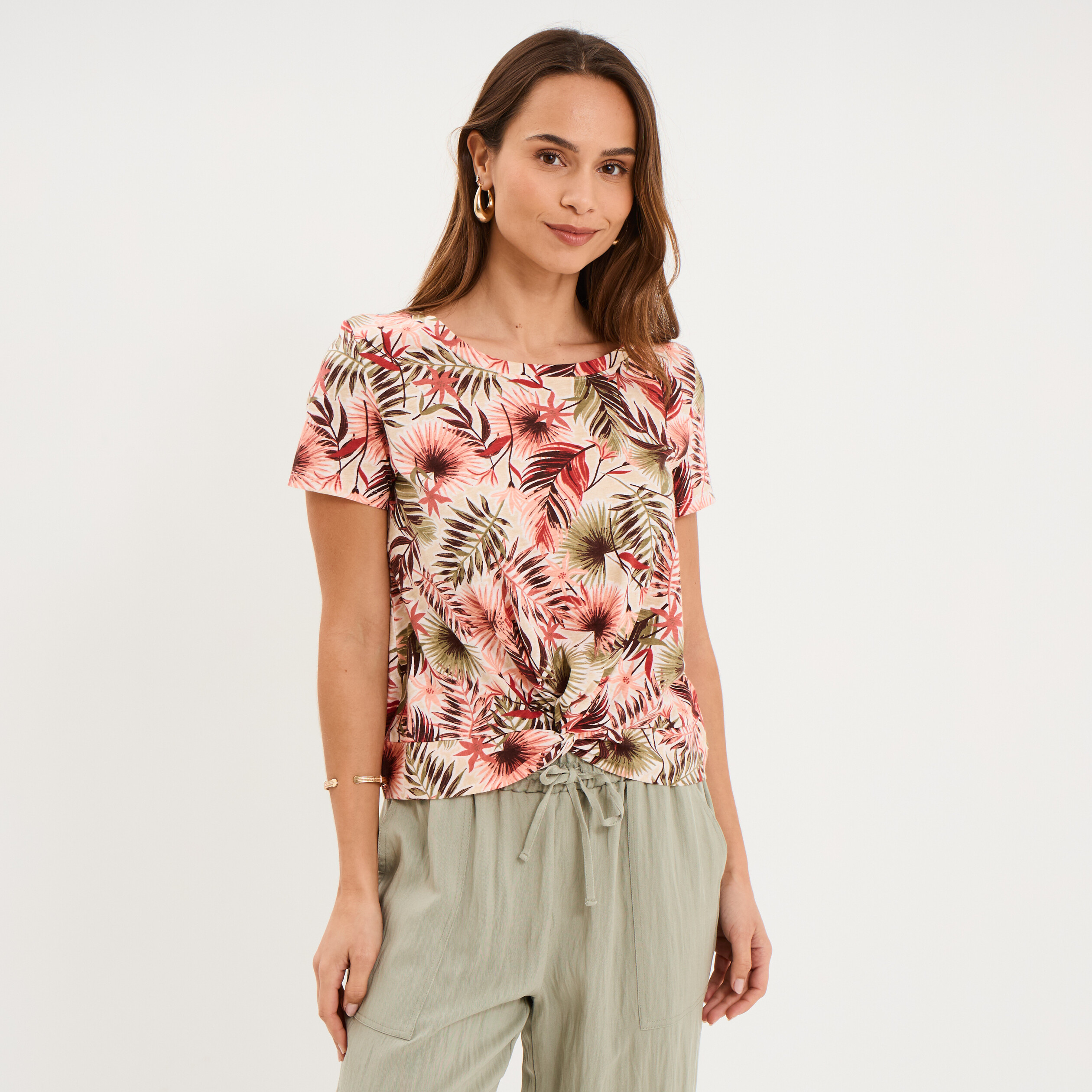 T-shirt taille effet nou&eacute; coton vert kaki femme