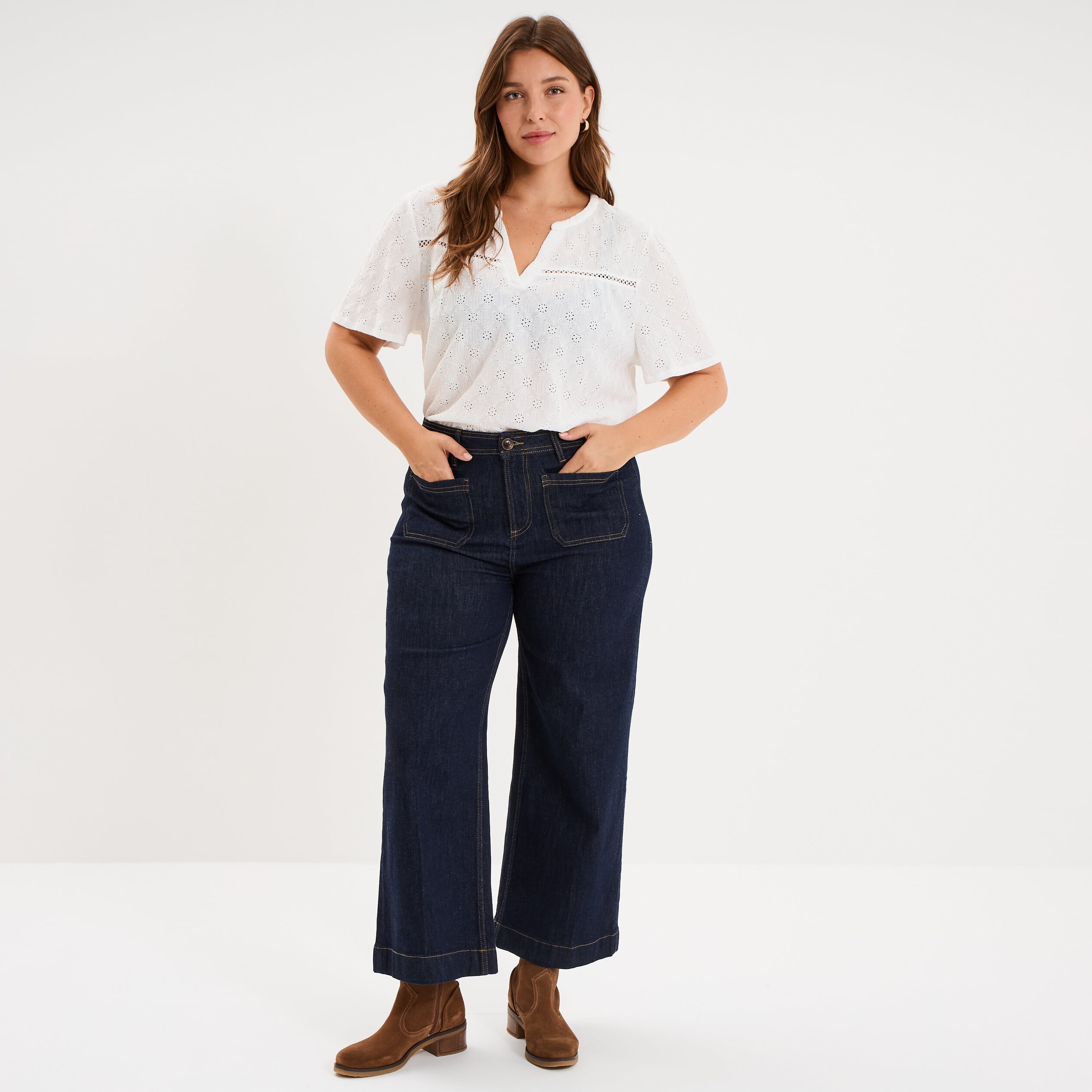 T-shirt broderie anglaise col tunisien blanc femme grande taille