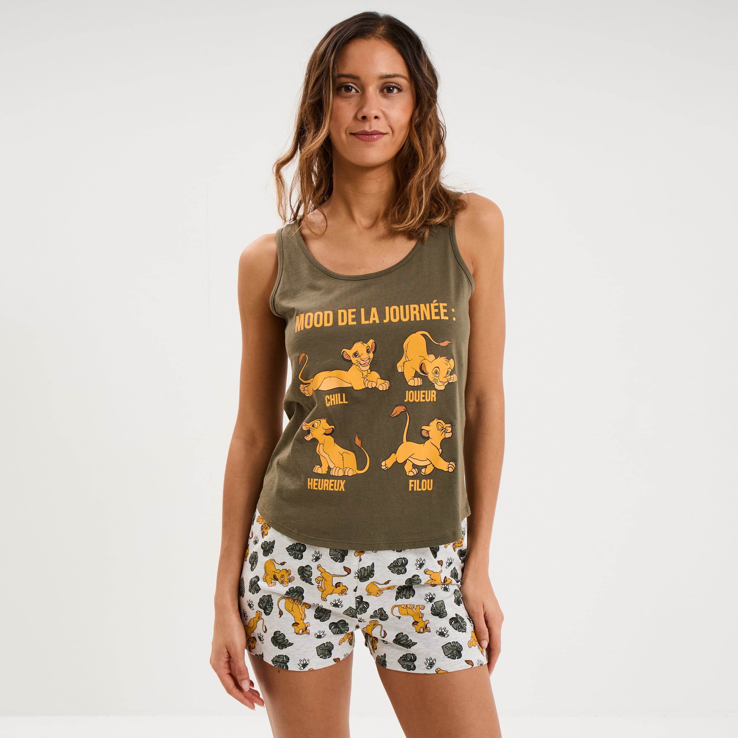 Ensemble pyjama short coton Le Roi lion vert kaki femme