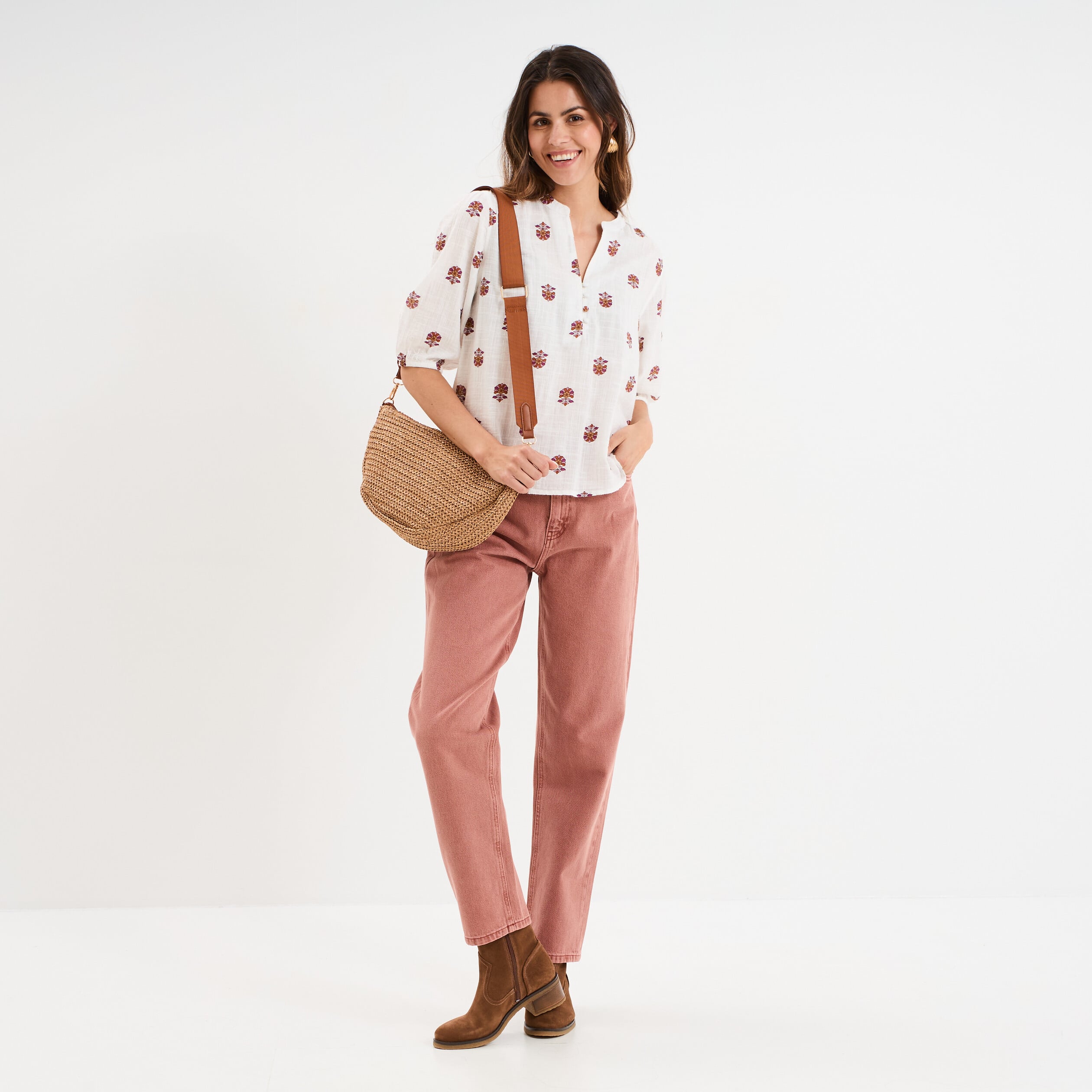 Blouse col tunisien manches 3/4 coton blanc femme