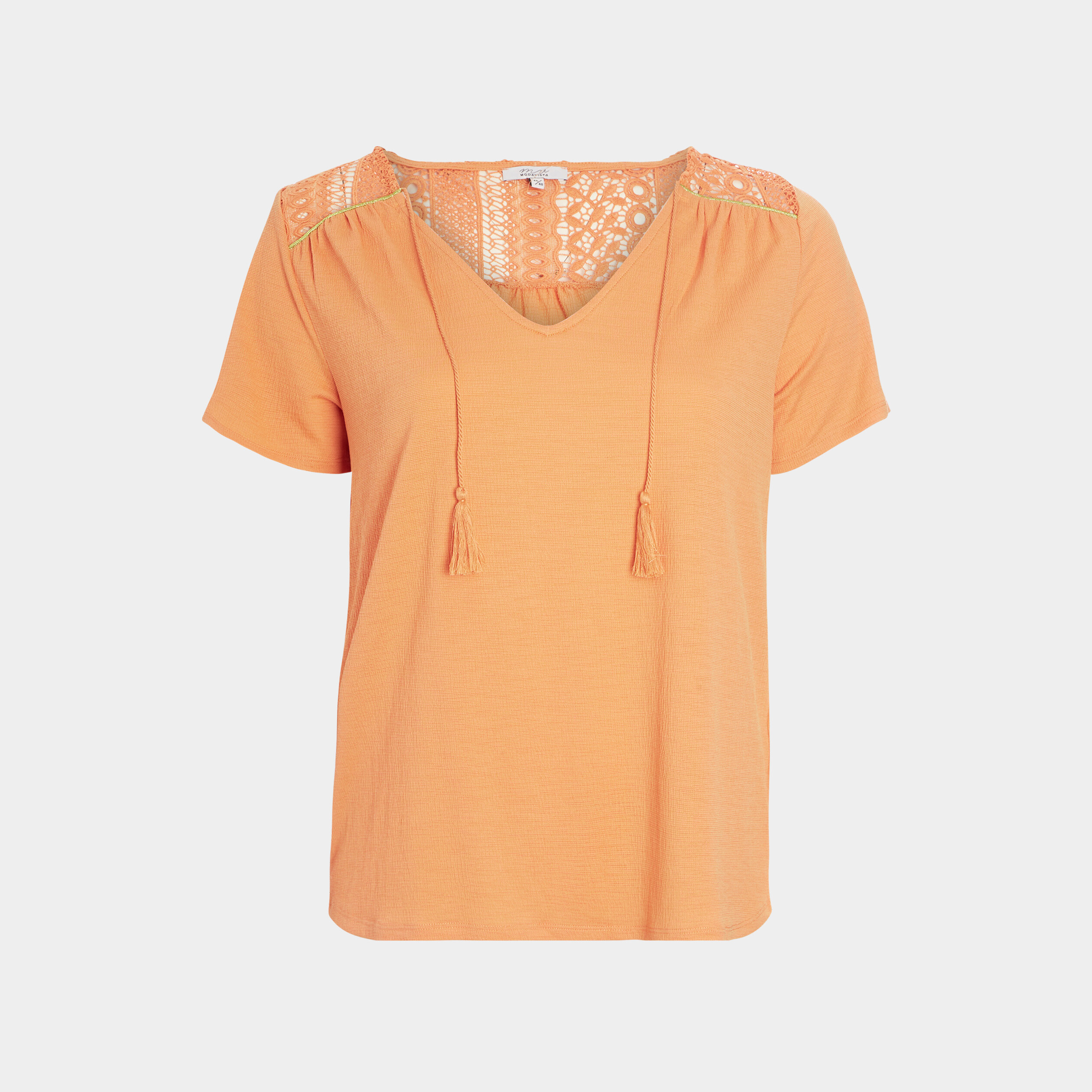T-shirt avec cordons et dentelle orange corail femme grande taille