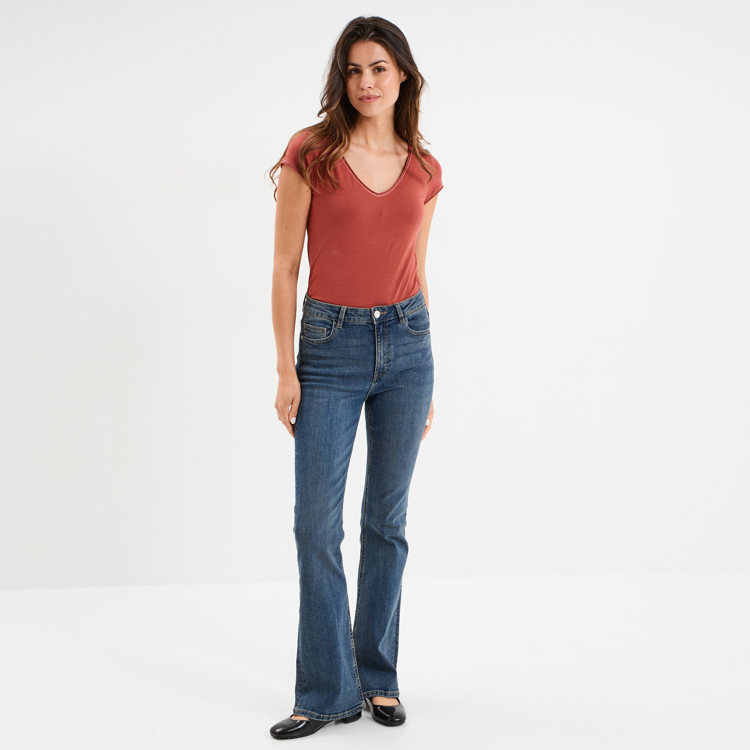 t shirt col v ajuste manches courtes vieux rose femme T-shirt col V ajusté manches courtes vieux rose femme