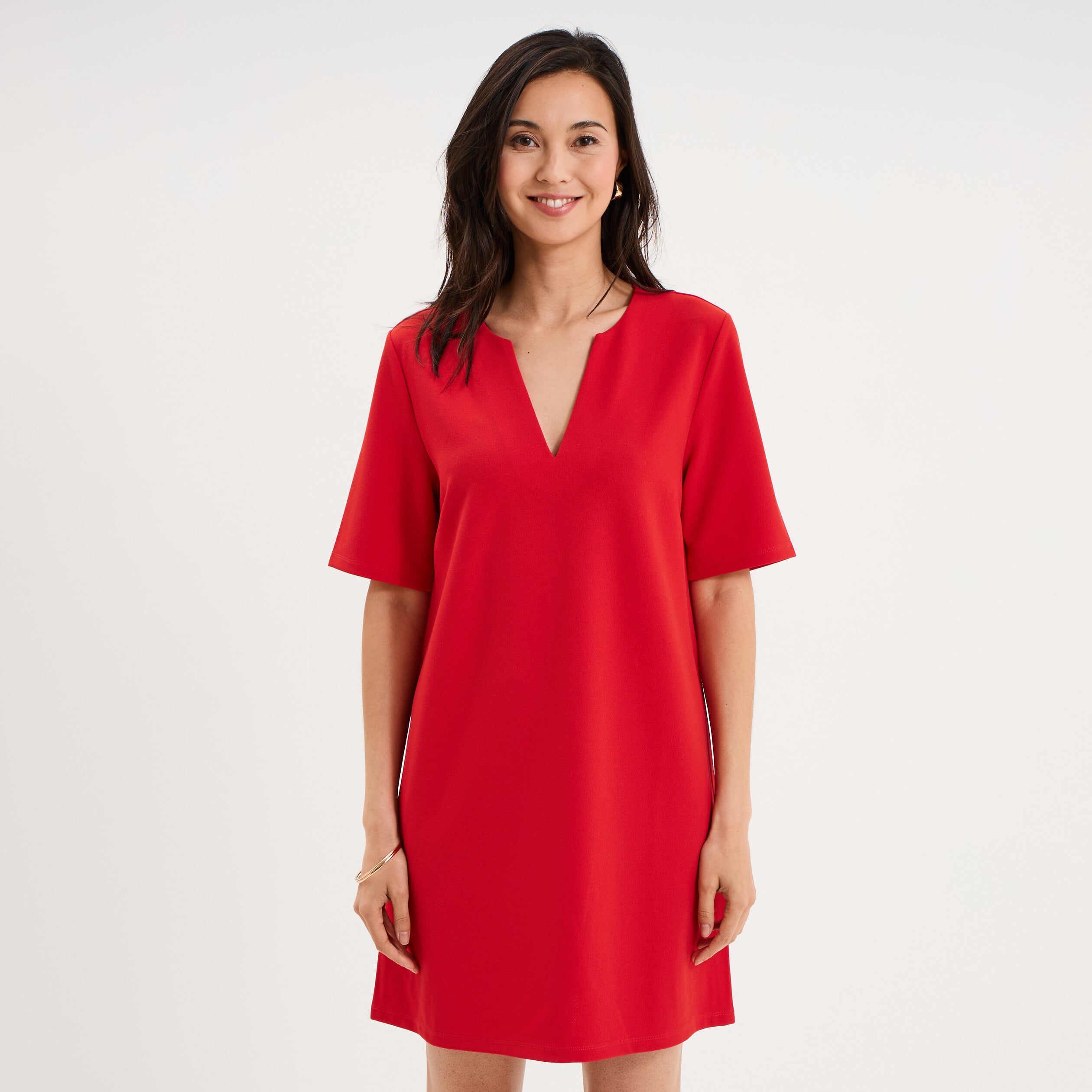 Robe courte col en V manches courtes rouge femme