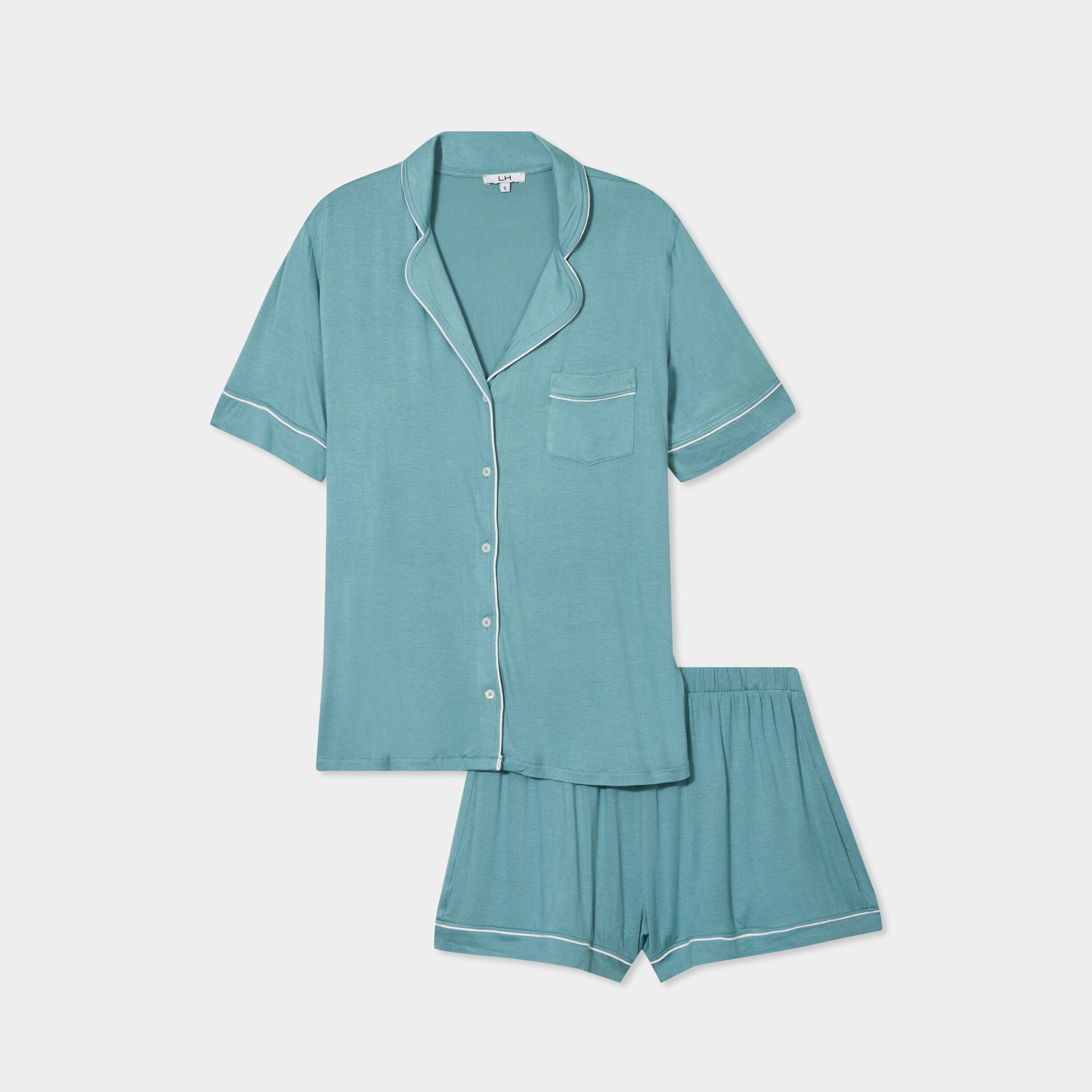Ensemble pyjama fluide short et chemise bleu gris femme