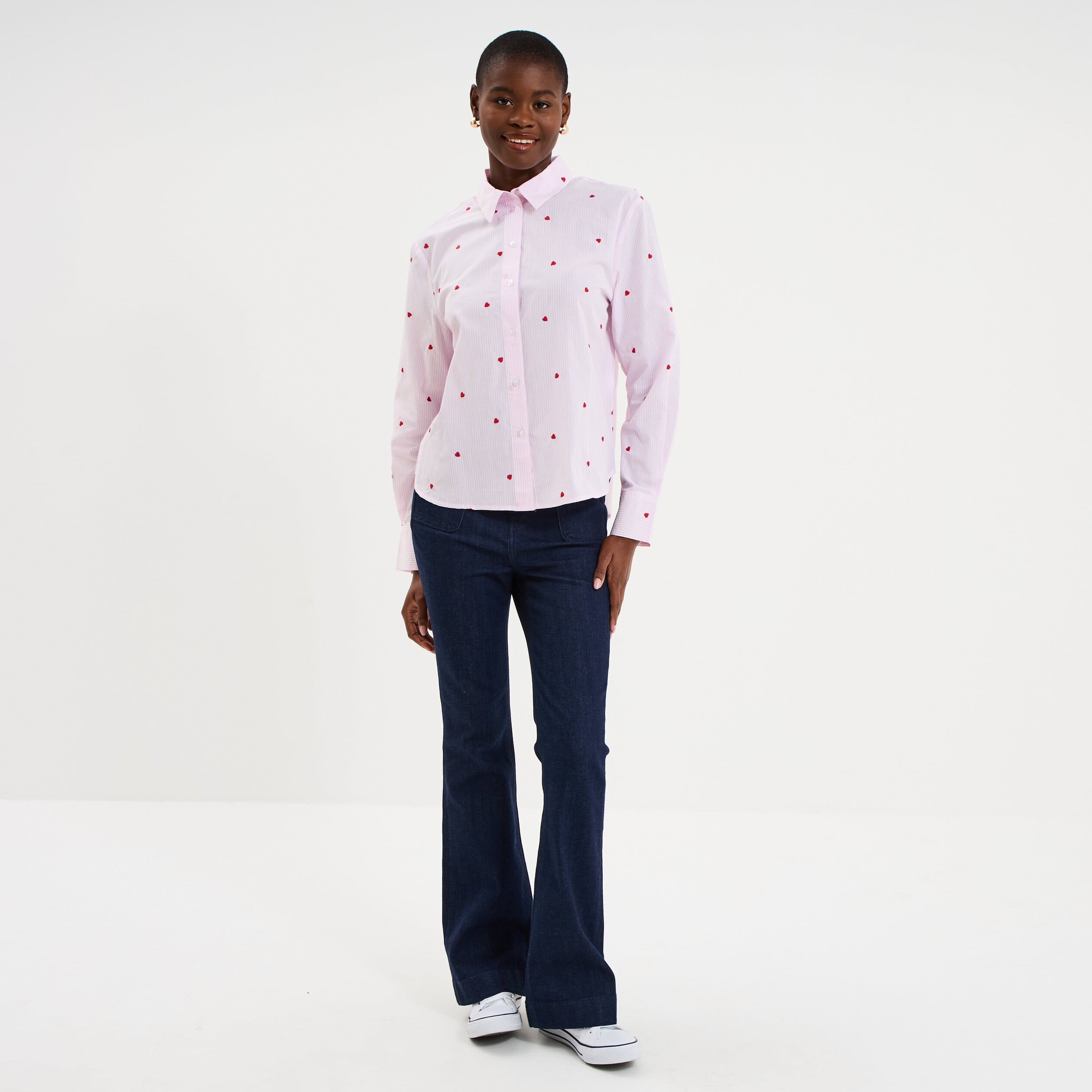 Chemise brod&eacute;e manches longues rose femme