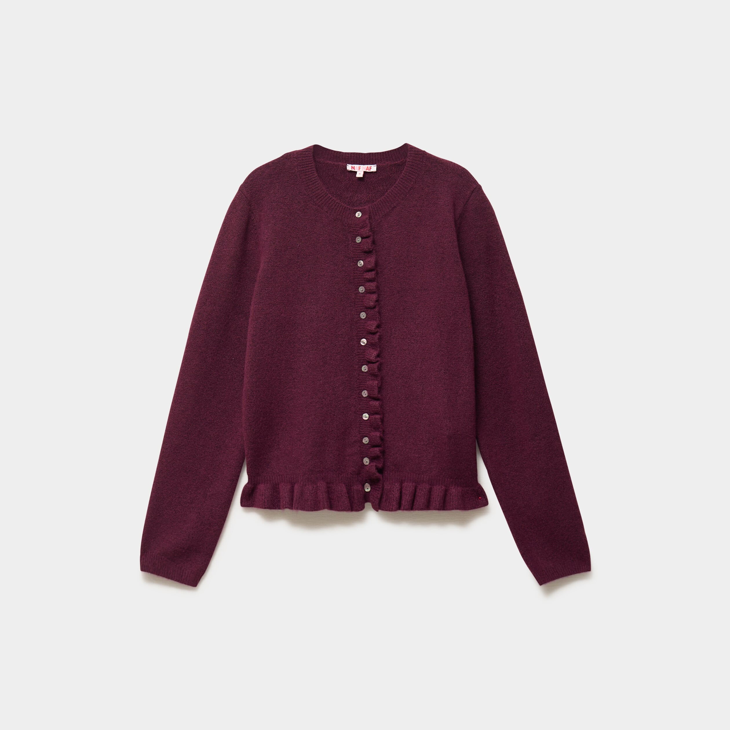 Gilet col rond &agrave; volants boutonn&eacute; prune femme