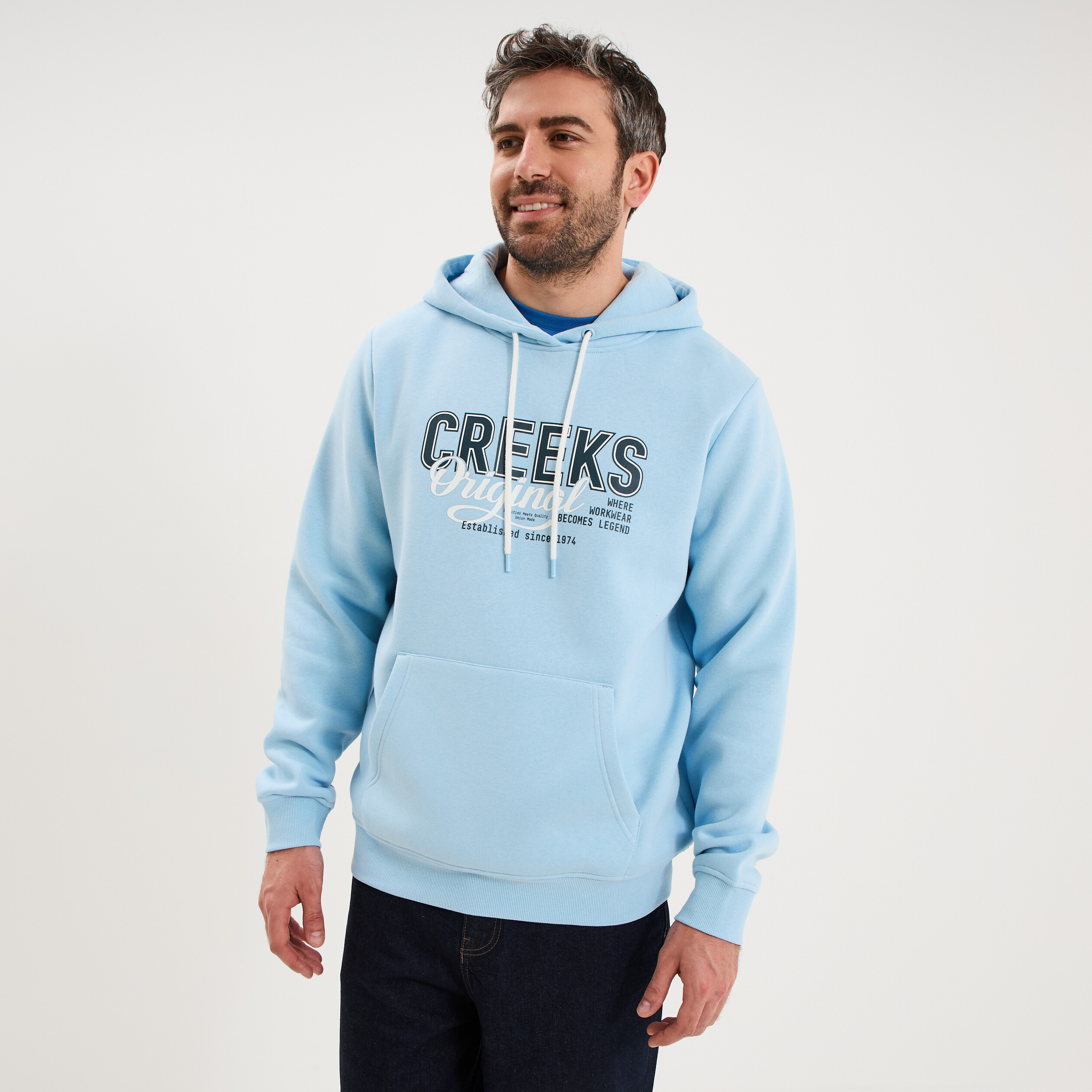Sweat hoodie 1 poche et capuche bleu clair homme