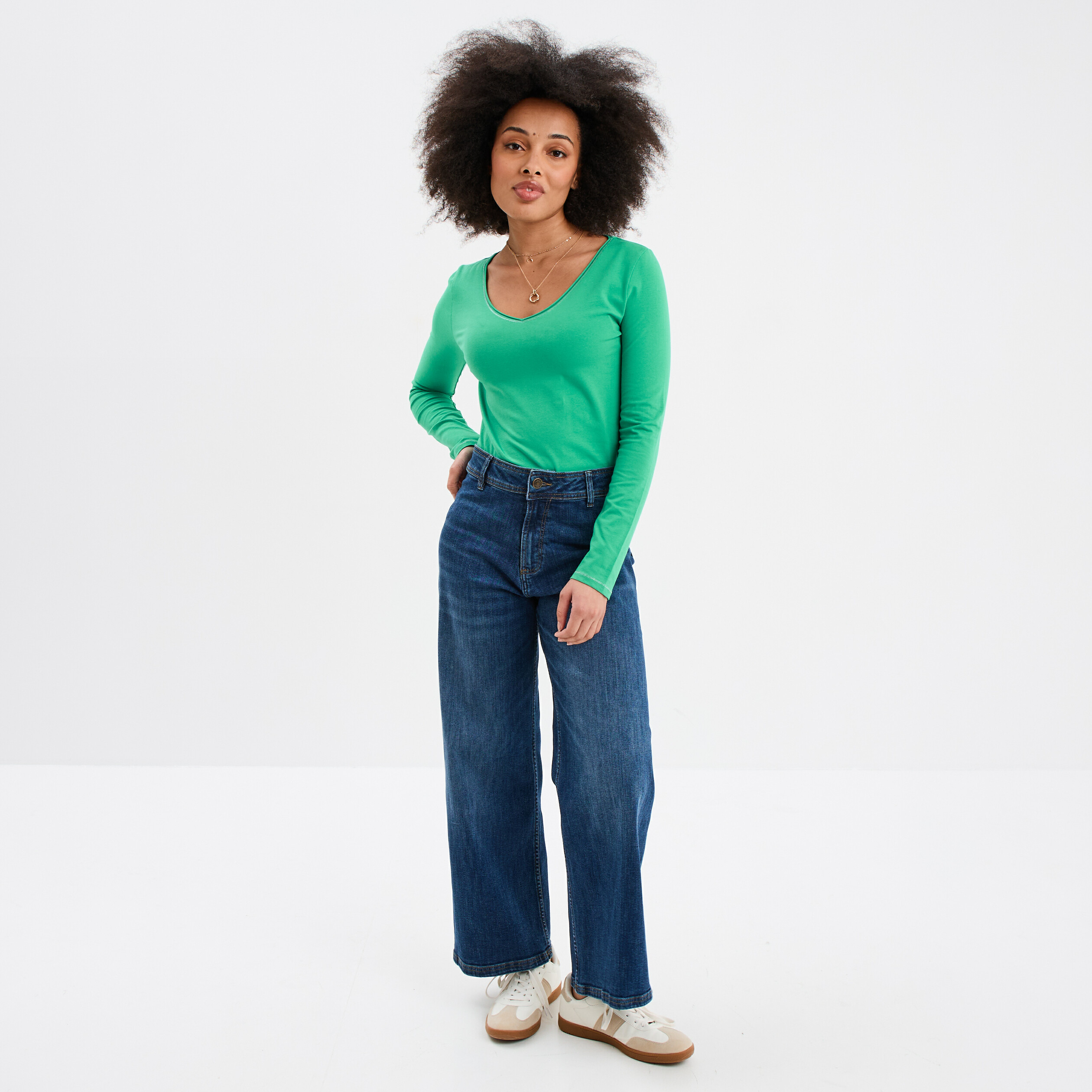 T-shirt manches longues col en V coton vert femme La Halle