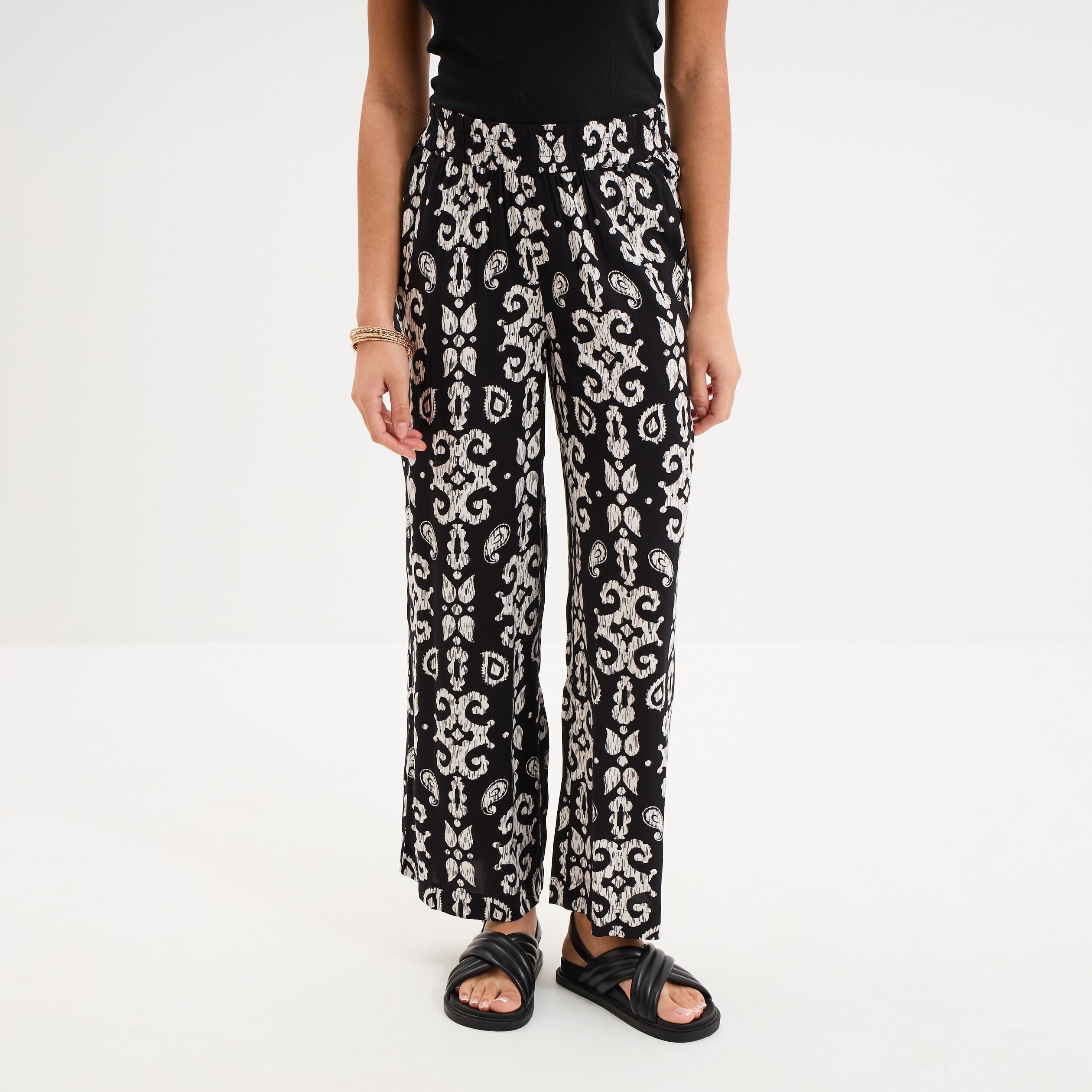 Pantalon fluide large taille &eacute;lastiqu&eacute;e noir femme