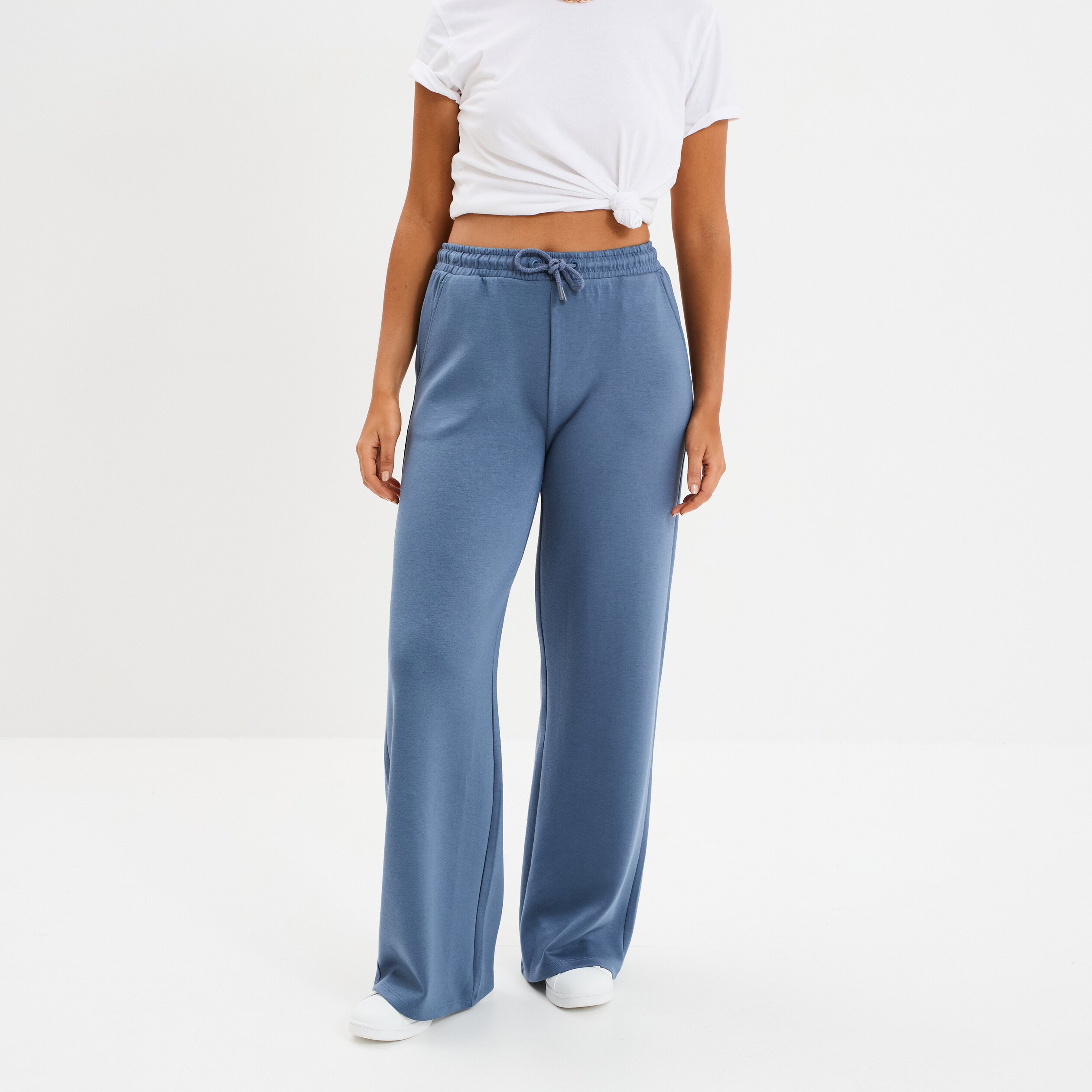 pantalon de jogging large elastique bleu gris femme Pantalon de jogging large élastiqué bleu gris femme
