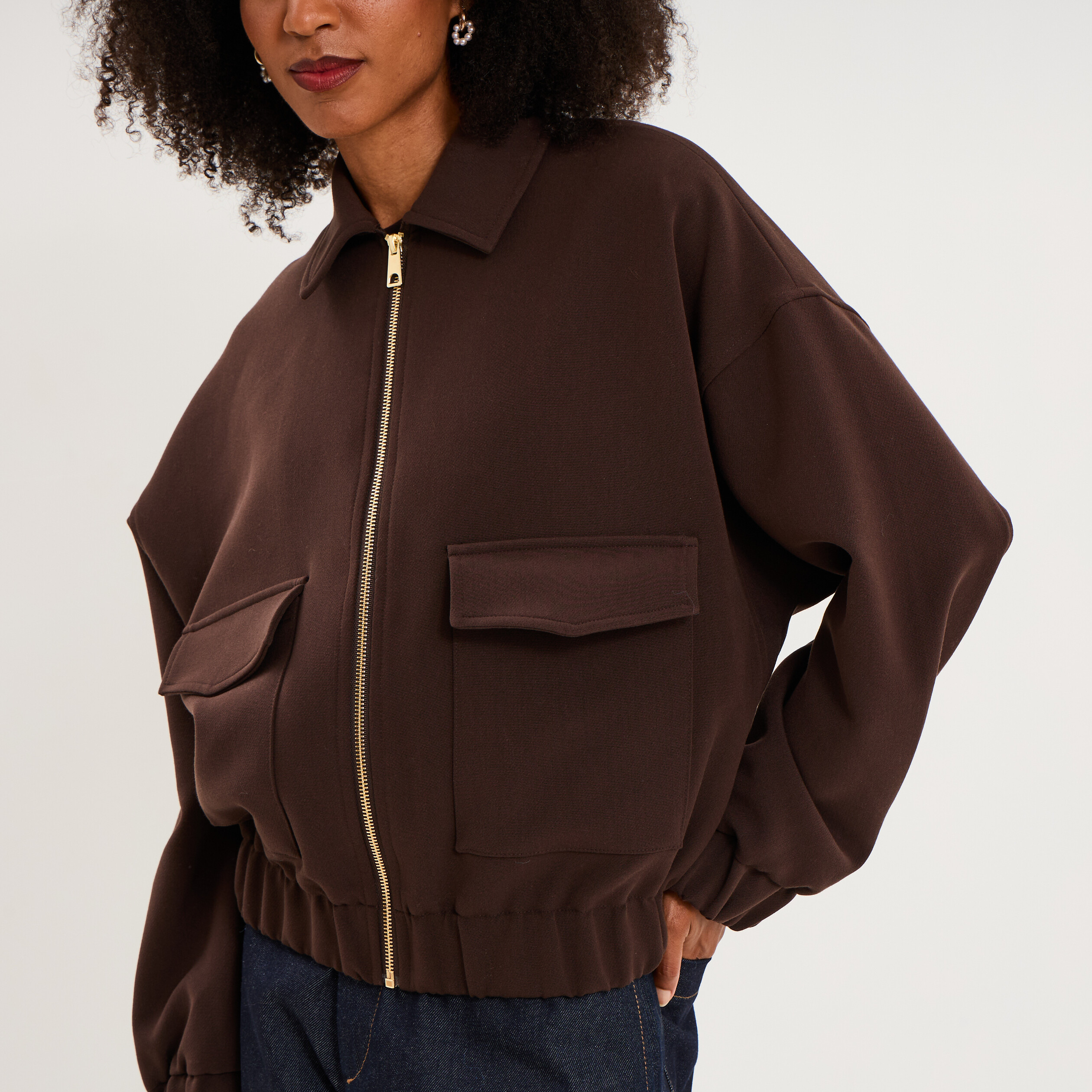 Blouson bo&icirc;te zipp&eacute; poches cargo marron fonc&eacute; femme