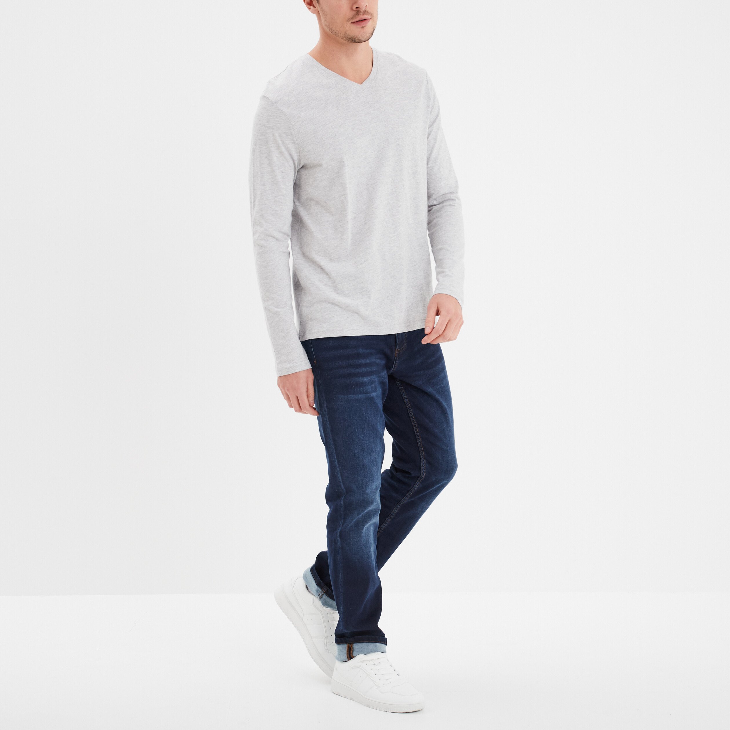 t shirt col en v manches longues coton gris homme T-shirt col en V manches longues coton gris homme