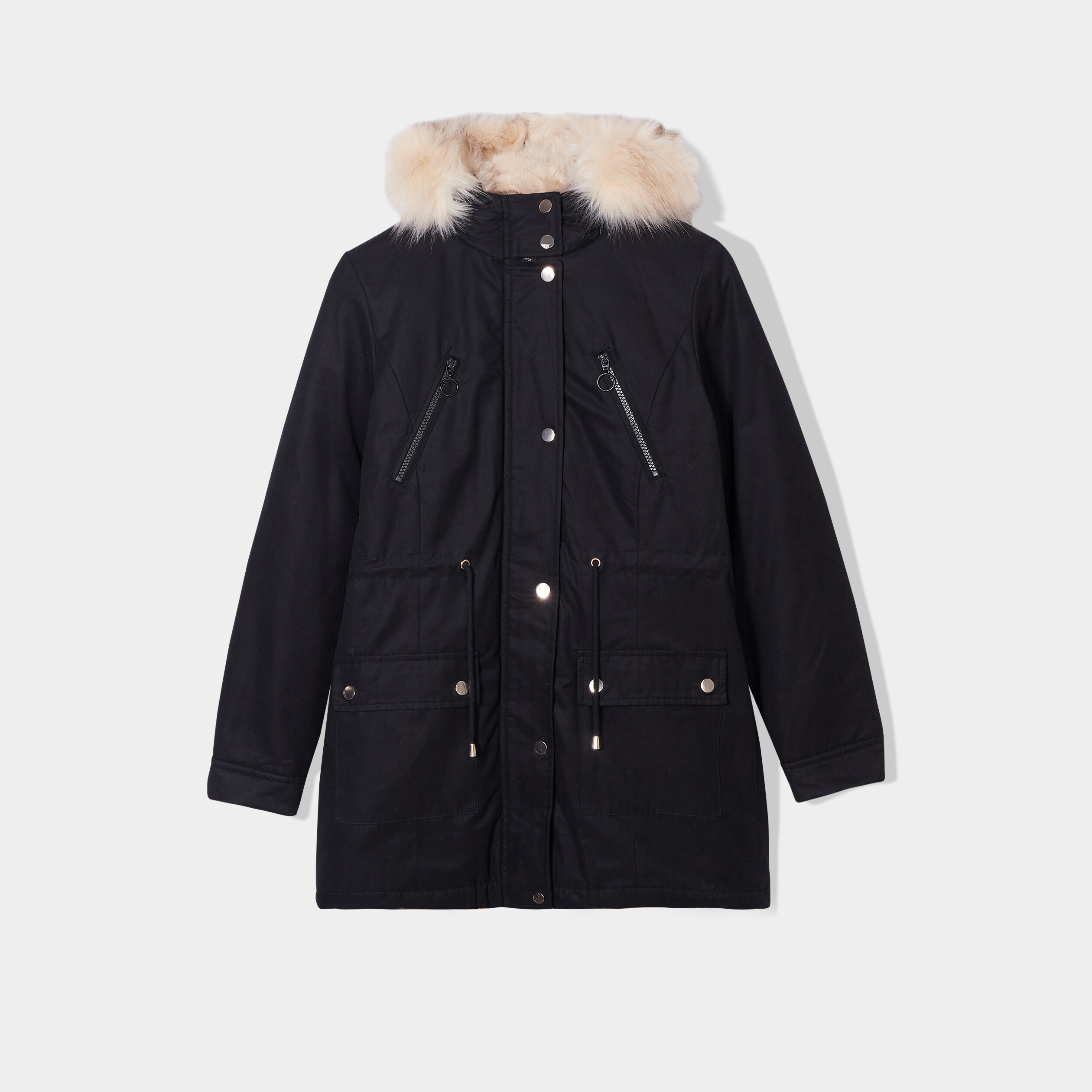 Parka cintr&eacute;e &agrave; capuche fourr&eacute;e amovible noir femme
