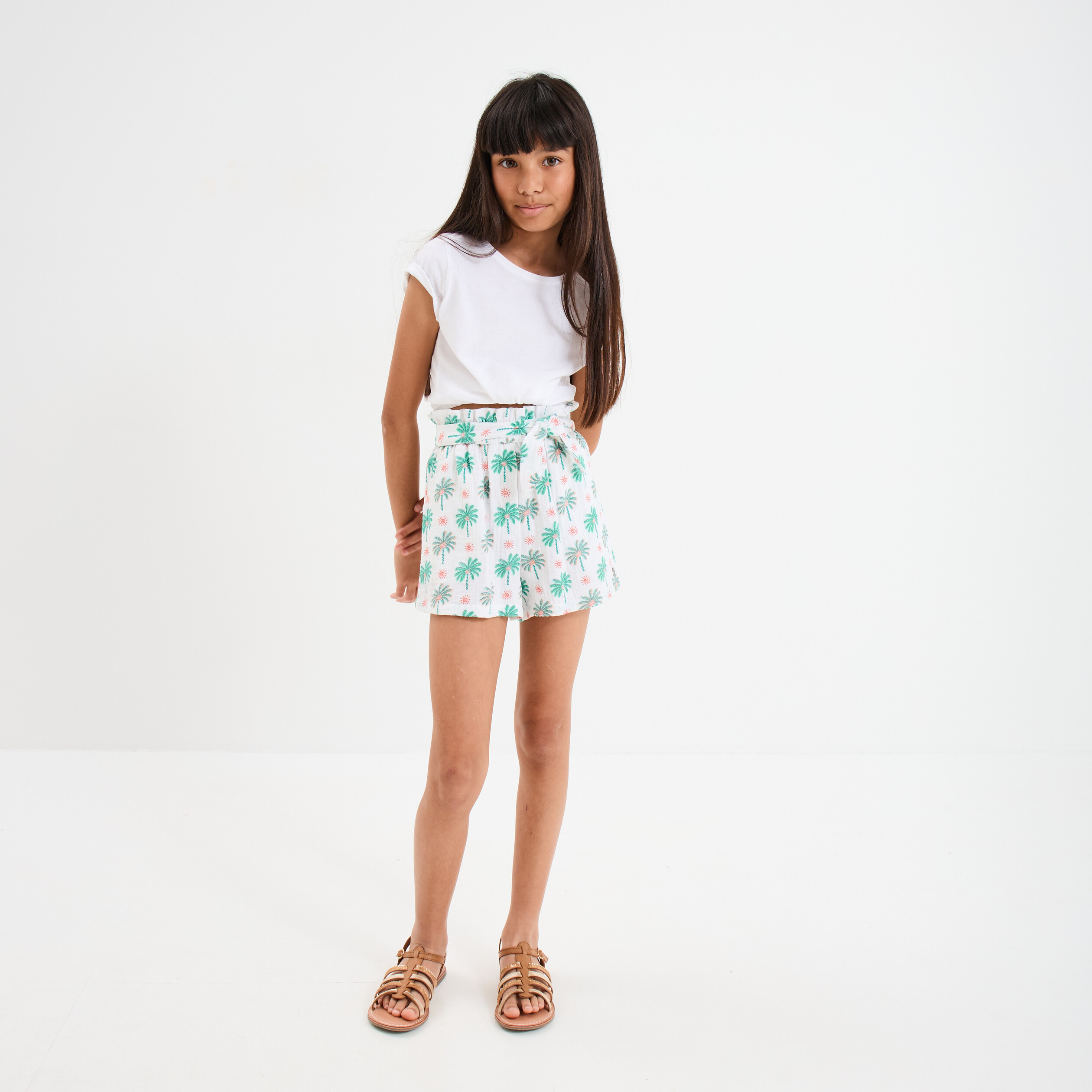 Short droit avec noeud gaze de coton ecru fille