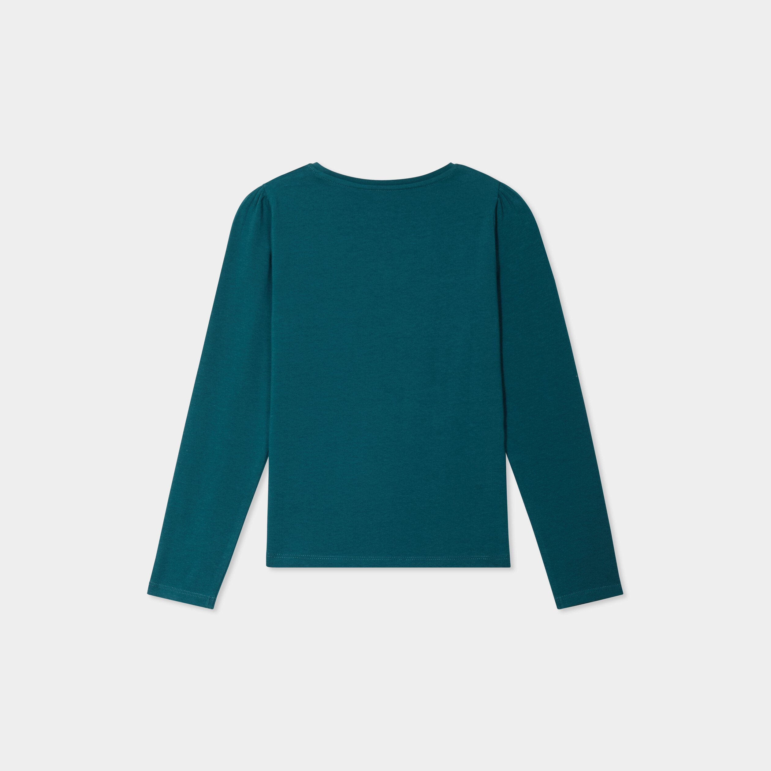 t shirt coton manches longues a fronces vert canard fille T-shirt coton manches longues à fronces vert canard fille